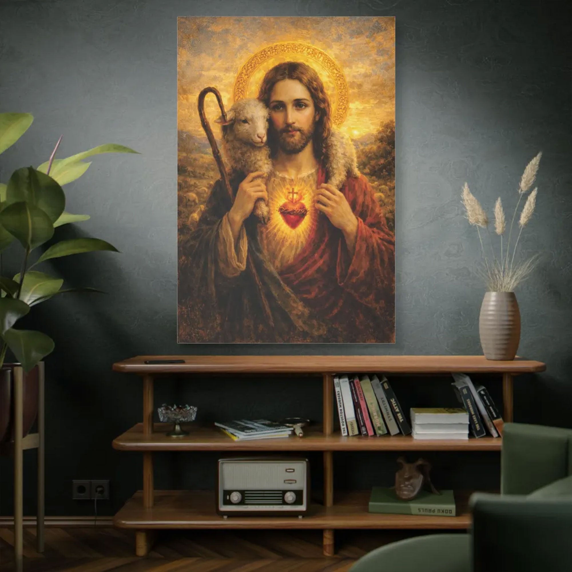 Sacred Heart Jesus with Lamb Canvas Print, Good Shepherd Christian Wall Art, Christian Home Decor
