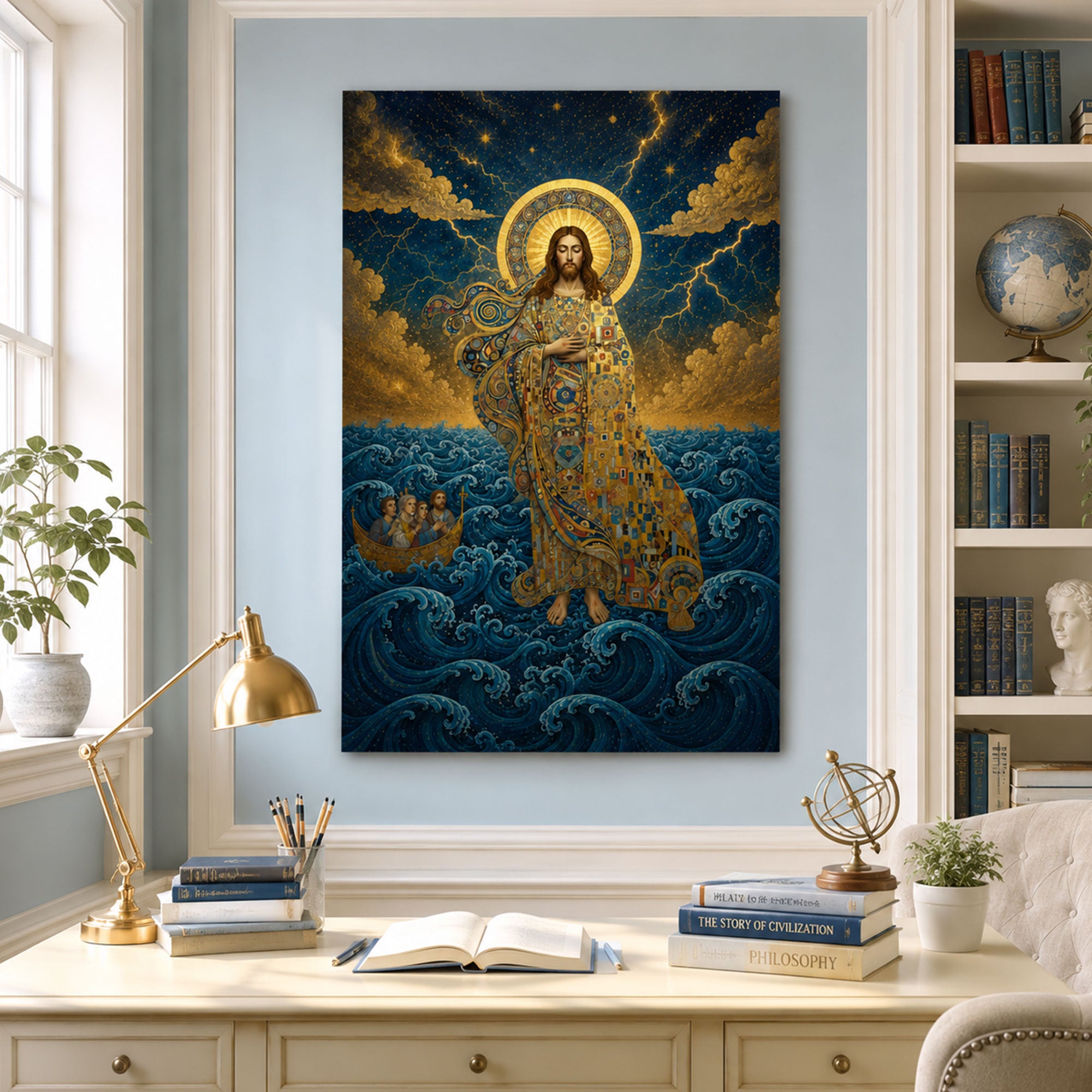 Jesus Walking on the Stormy Sea Canvas Print, Byzantine Mosaic Christian Wall Art, Faith Over Fear Religious Home Decor