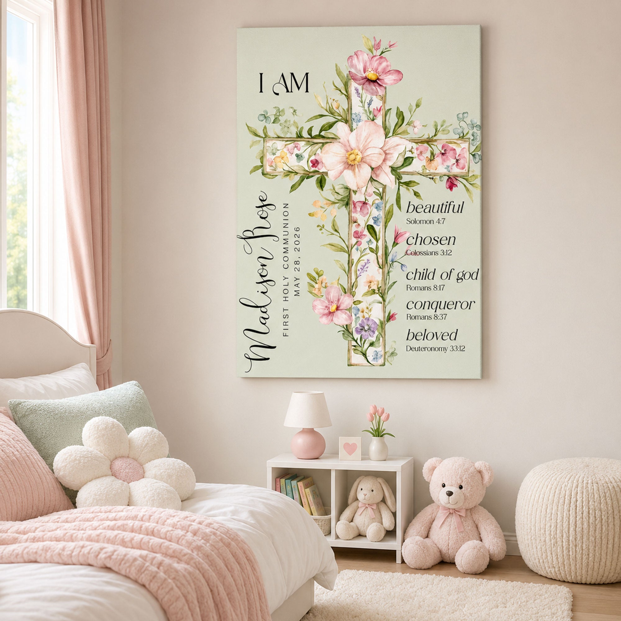Custom First Communion Gift for Girl, Personalized Floral Cross Canvas Print, Christian Bible Verse Keepsake, Baptism Confirmation Gift