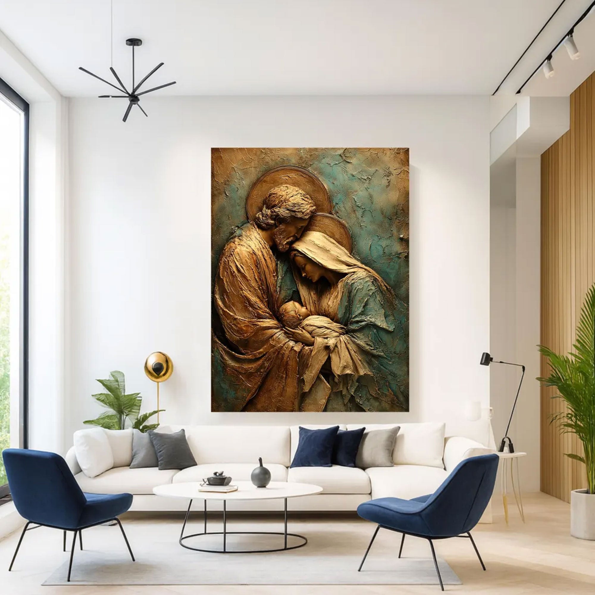Holy Family Canvas Art, Gold and Teal Religious Wall Decor, Elegant Christian Home Decoration