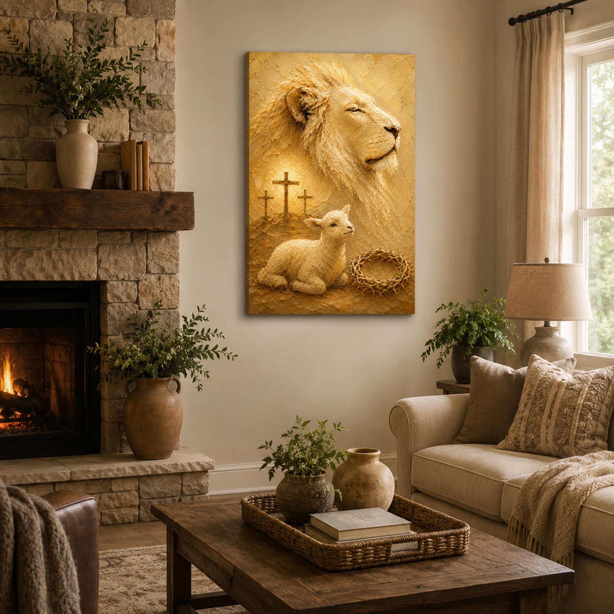 Lion of Judah and Lamb of God Canvas Print, Christian Cross Wall Art, Faith Home Decor Gift