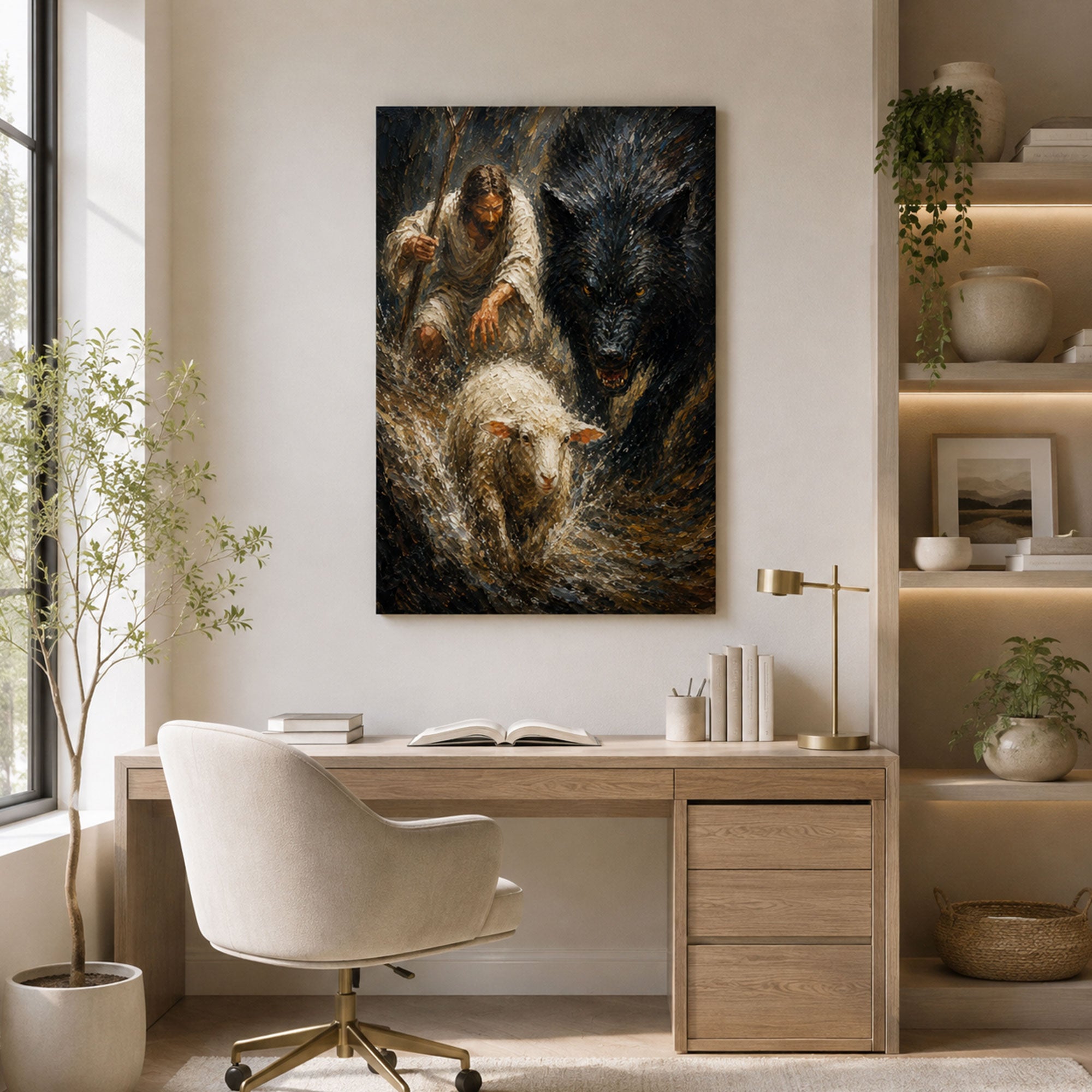 Jesus Protecting the Lamb from the Wolf Canvas Print, Good Shepherd Christian Wall Decor, Faith Gift