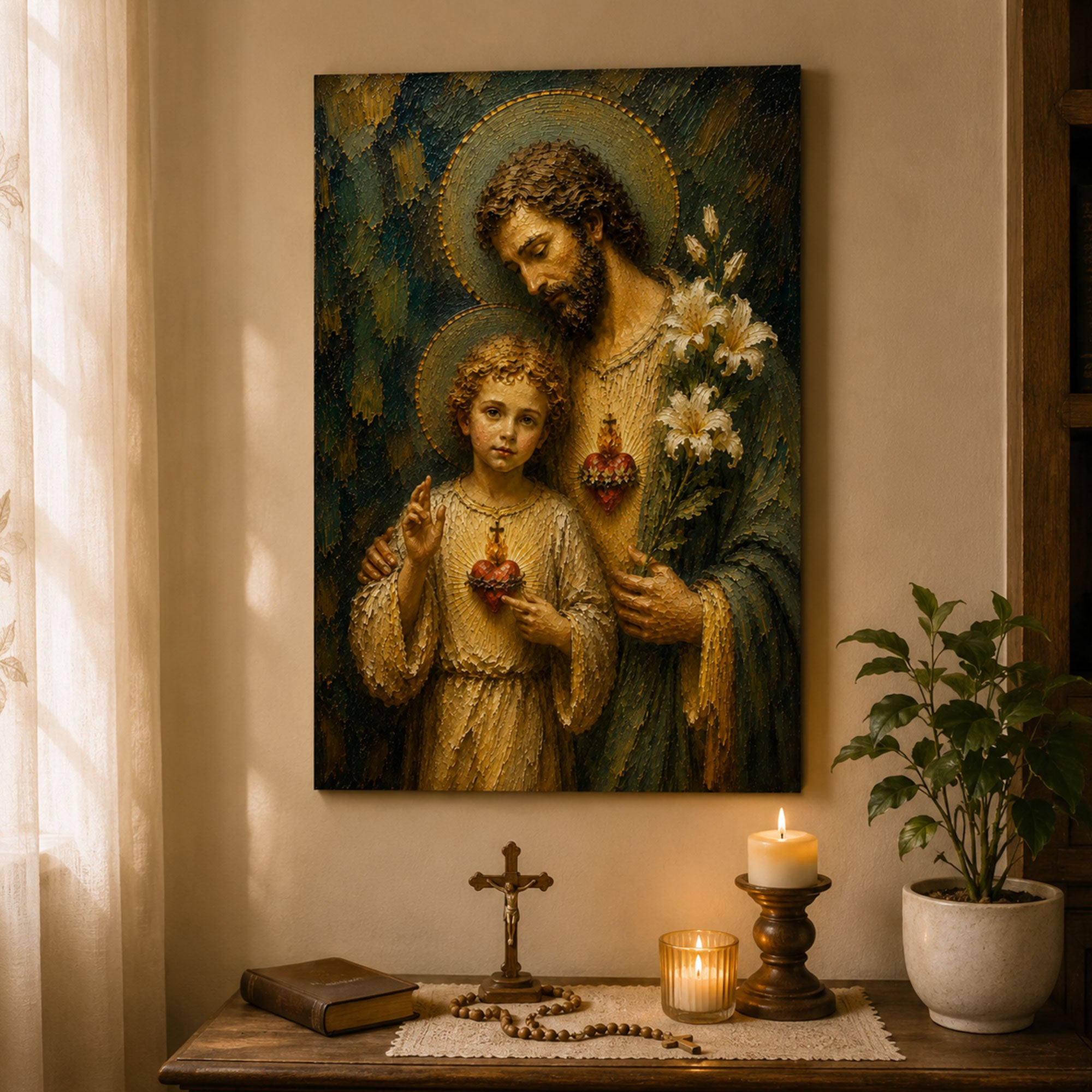 Saint Joseph and Child Jesus Canvas Print, Catholic Sacred Hearts Wall Art, Faith Home Decor