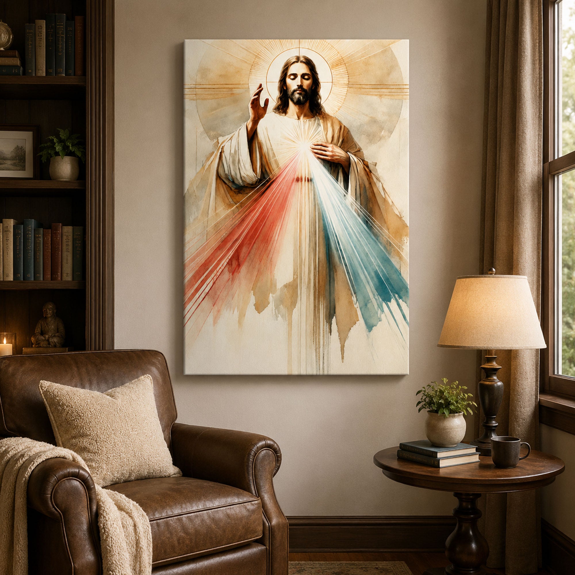 Divine Mercy of Jesus Watercolor Canvas Print, Sacred Heart Christian Catholic Wall Art, Inspirational Faith Decor