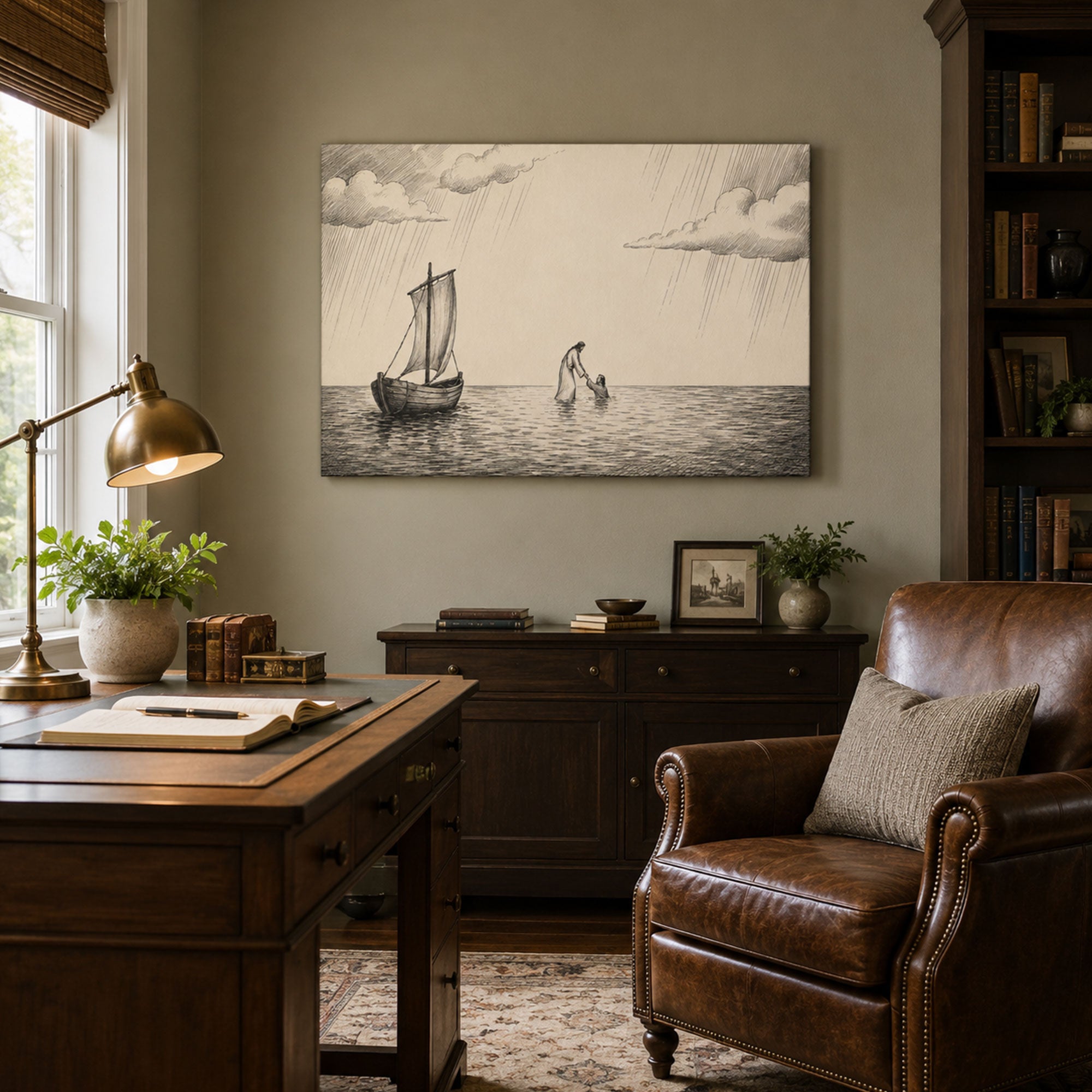 Jesus Rescuing Peter Canvas Print, Black and White Christian Wall Decor