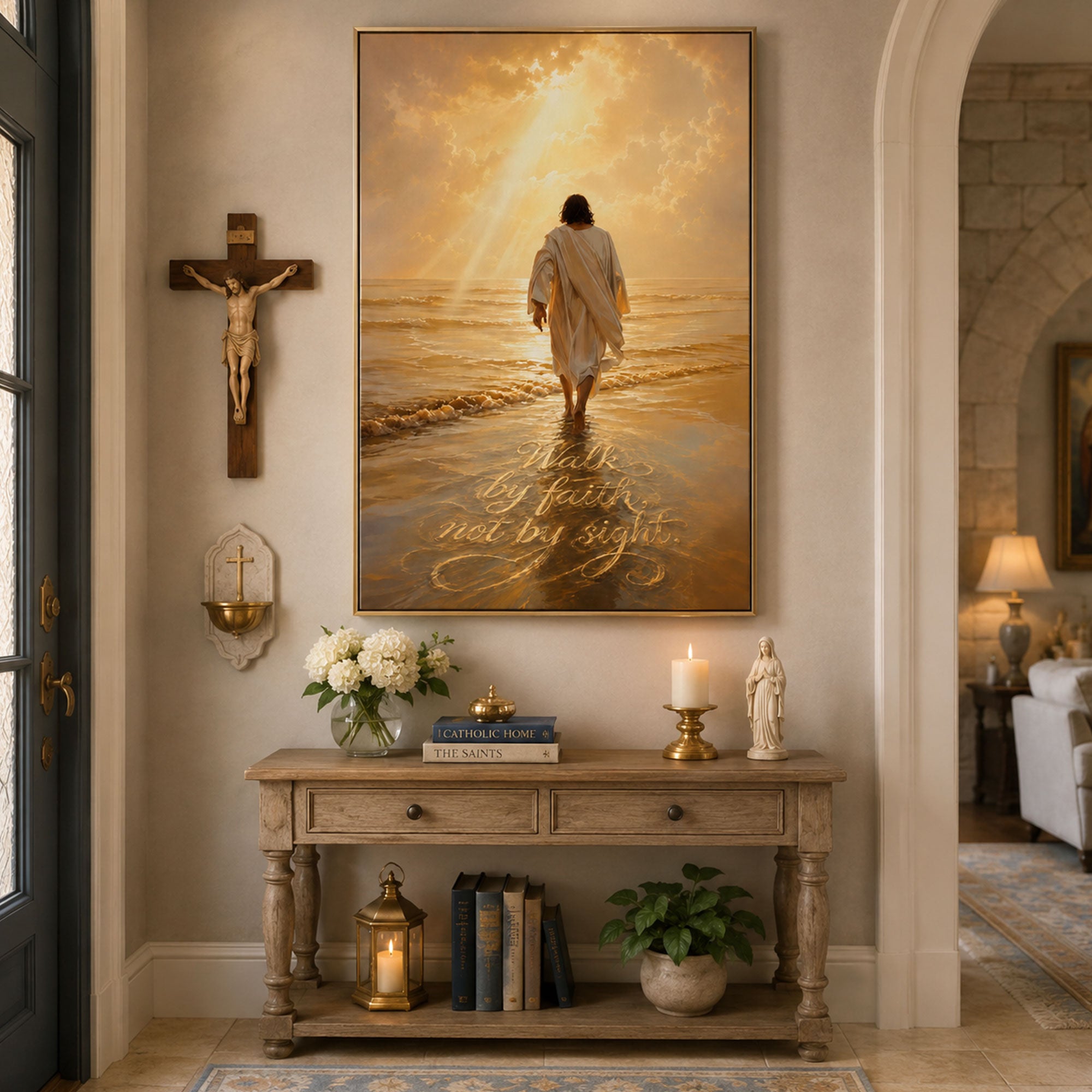 Walk by Faith, Not by Sight Canvas Wall Art, Jesus Walking on Water Christian Decor, Inspirational Scripture Faith Artwork
