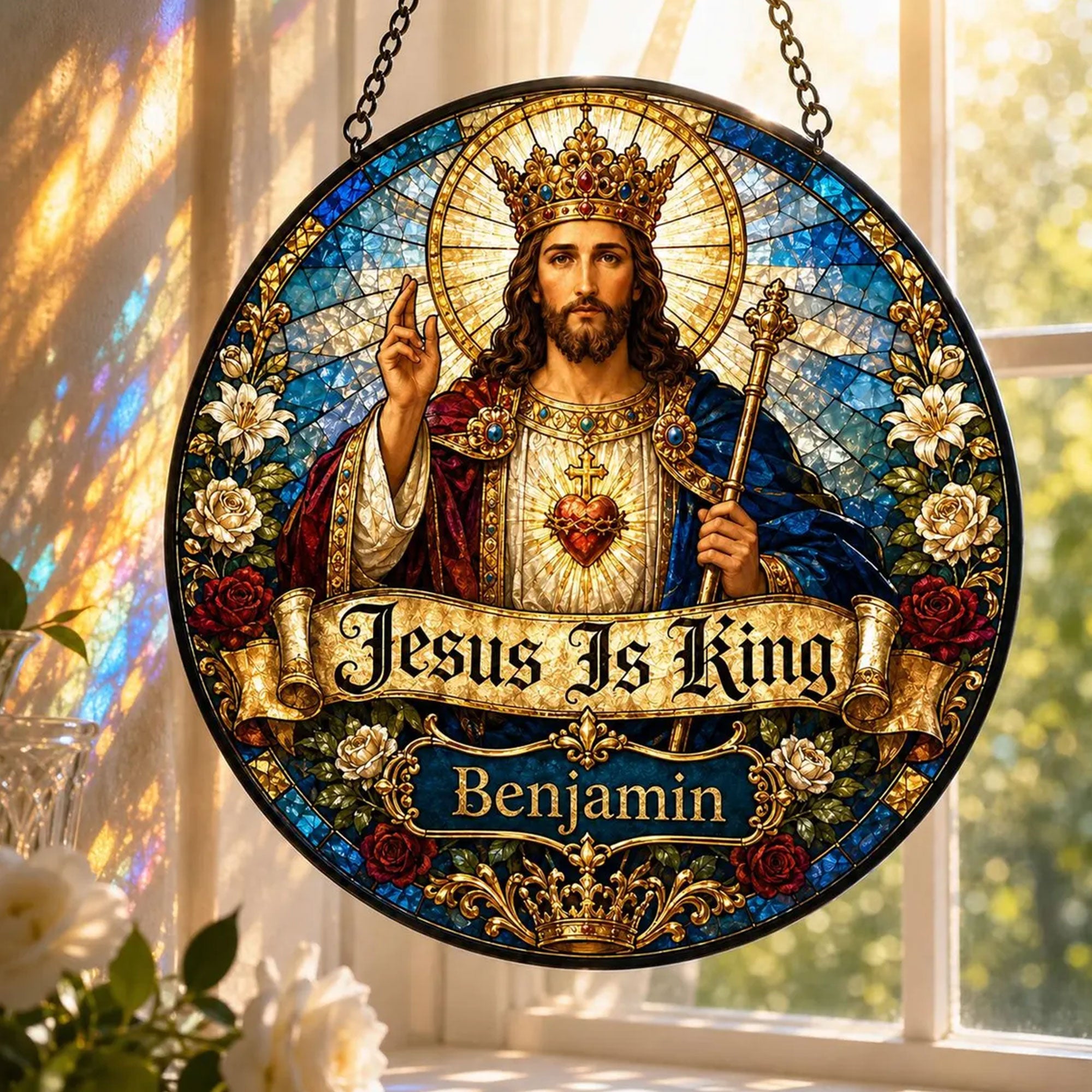 Personalized Jesus Is King Suncatcher, Custom Name Sacred Heart Window Hanging, Catholic Gift