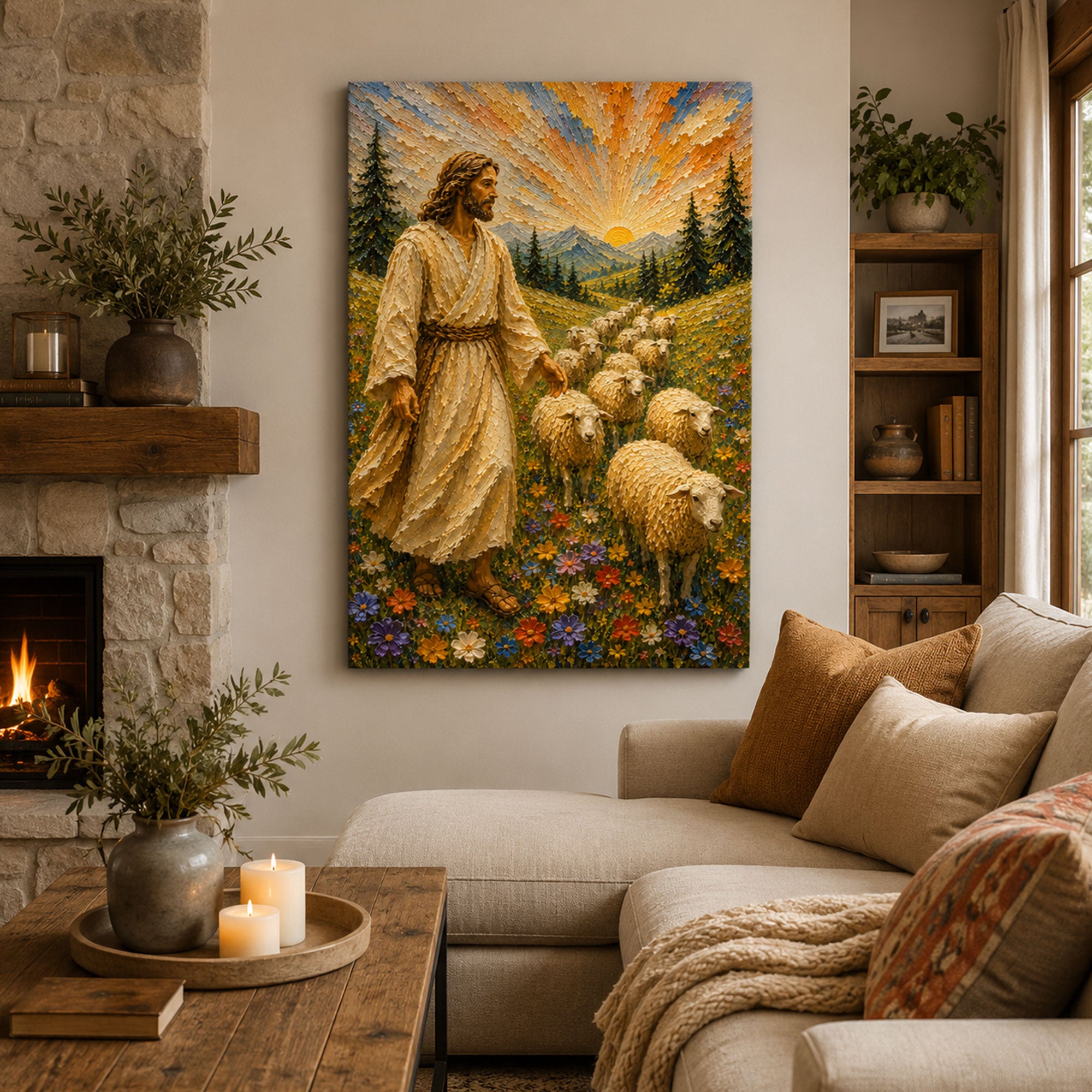 Good Shepherd Canvas Print, Jesus with Sheep Christian Wall Art, Faith Home Decor Gift