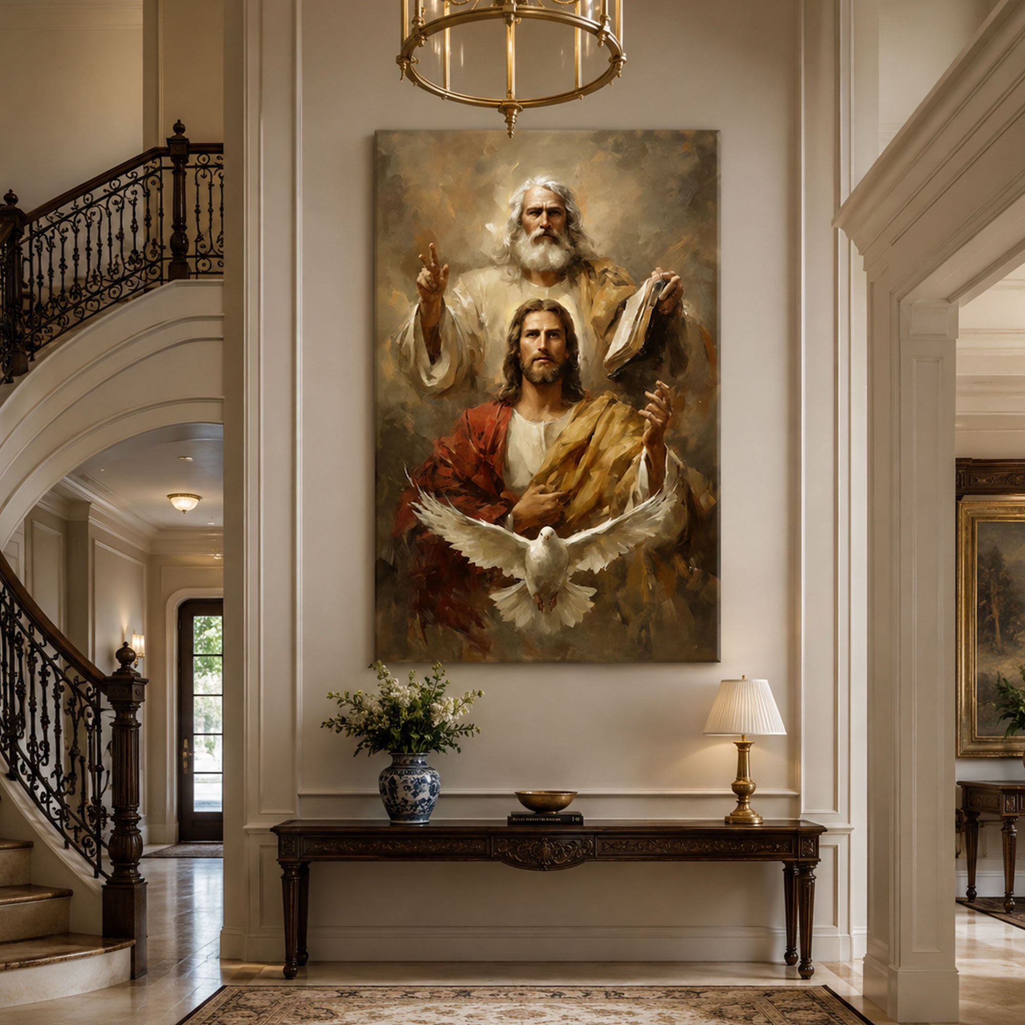 Holy Trinity Wall Art, God The Father Jesus Christ Holy Spirit Dove Canvas Print, Christian Faith Decor