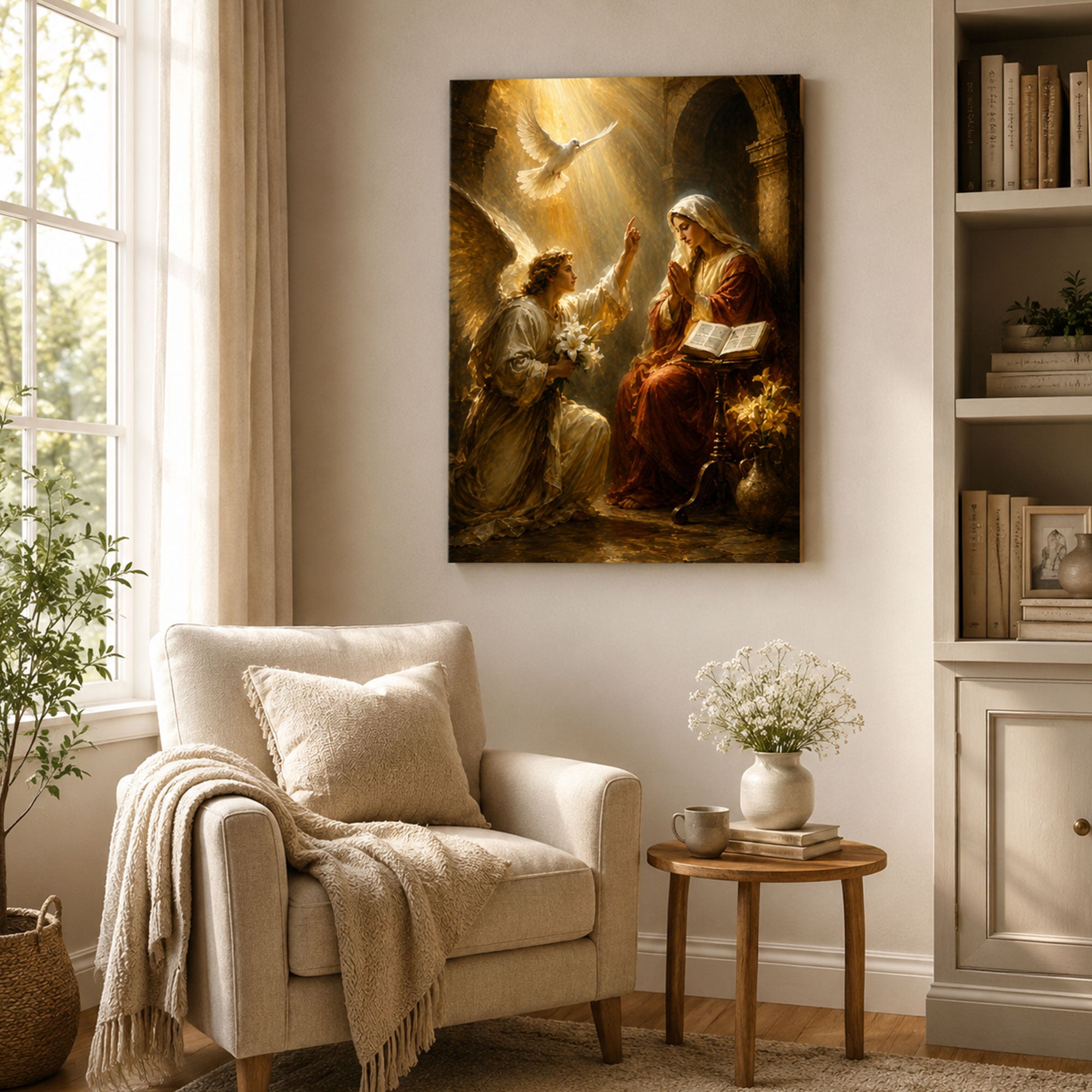 Annunciation with Open Scripture Canvas Print, Golden Catholic Art