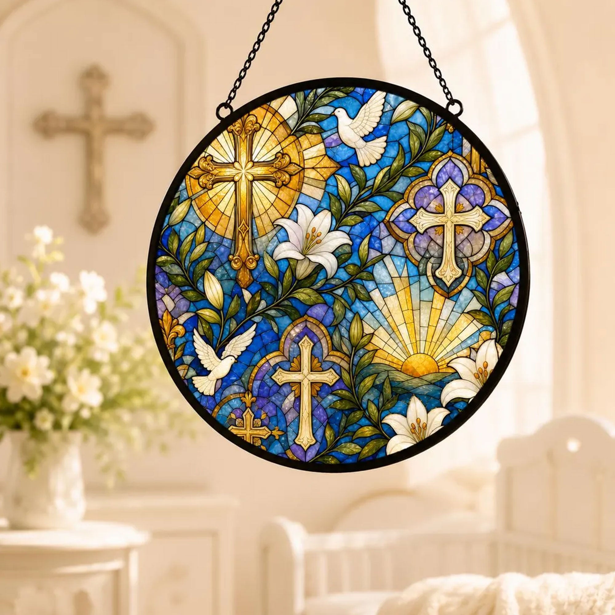 Christian Cross Stained Glass Suncatcher, Lily and Dove Window Hanging, Religious Gift for Mom