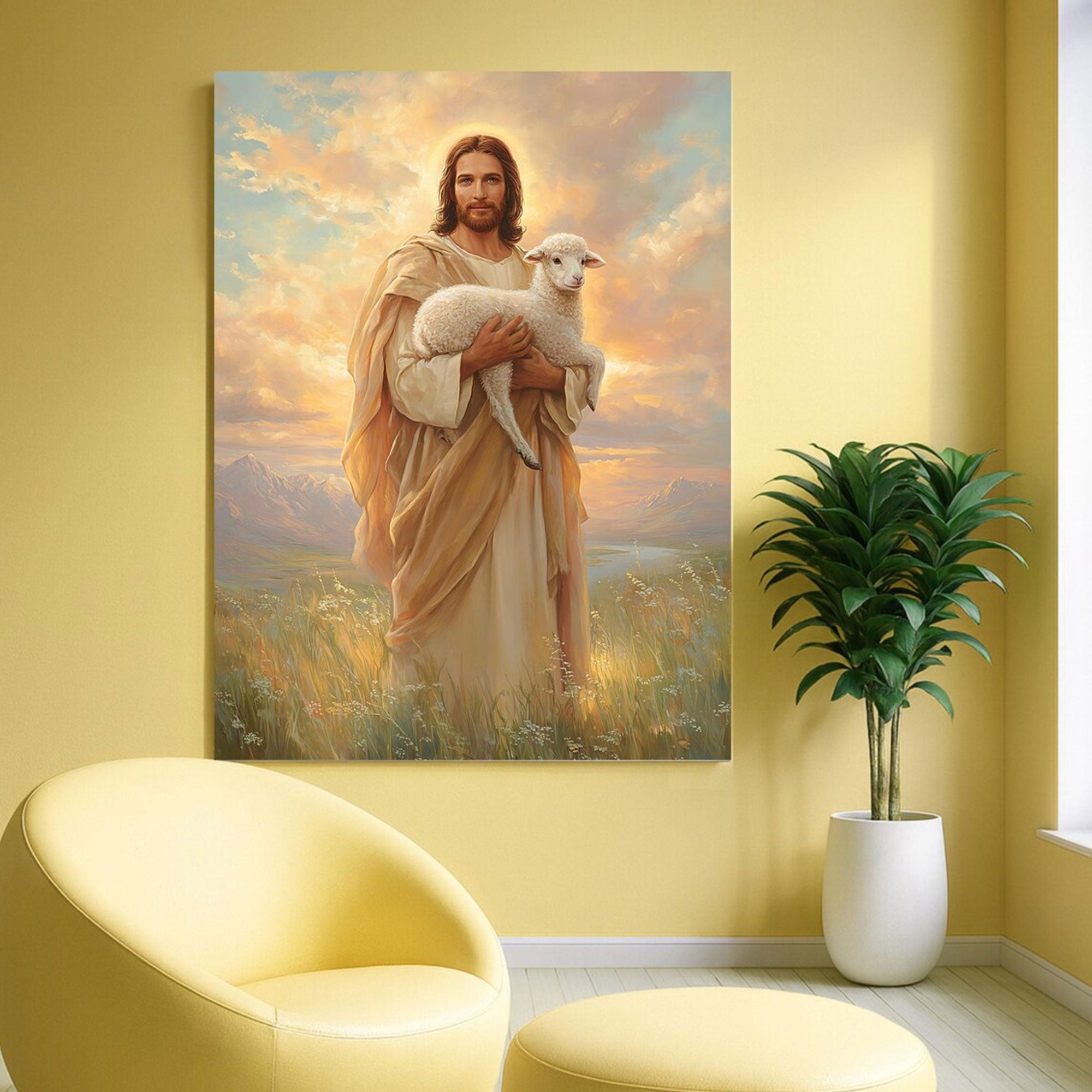 Good Shepherd Jesus Canvas Wall Art, Christ Carrying Lamb at Sunset, Christian Faith Decor, Inspirational Religious Artwork
