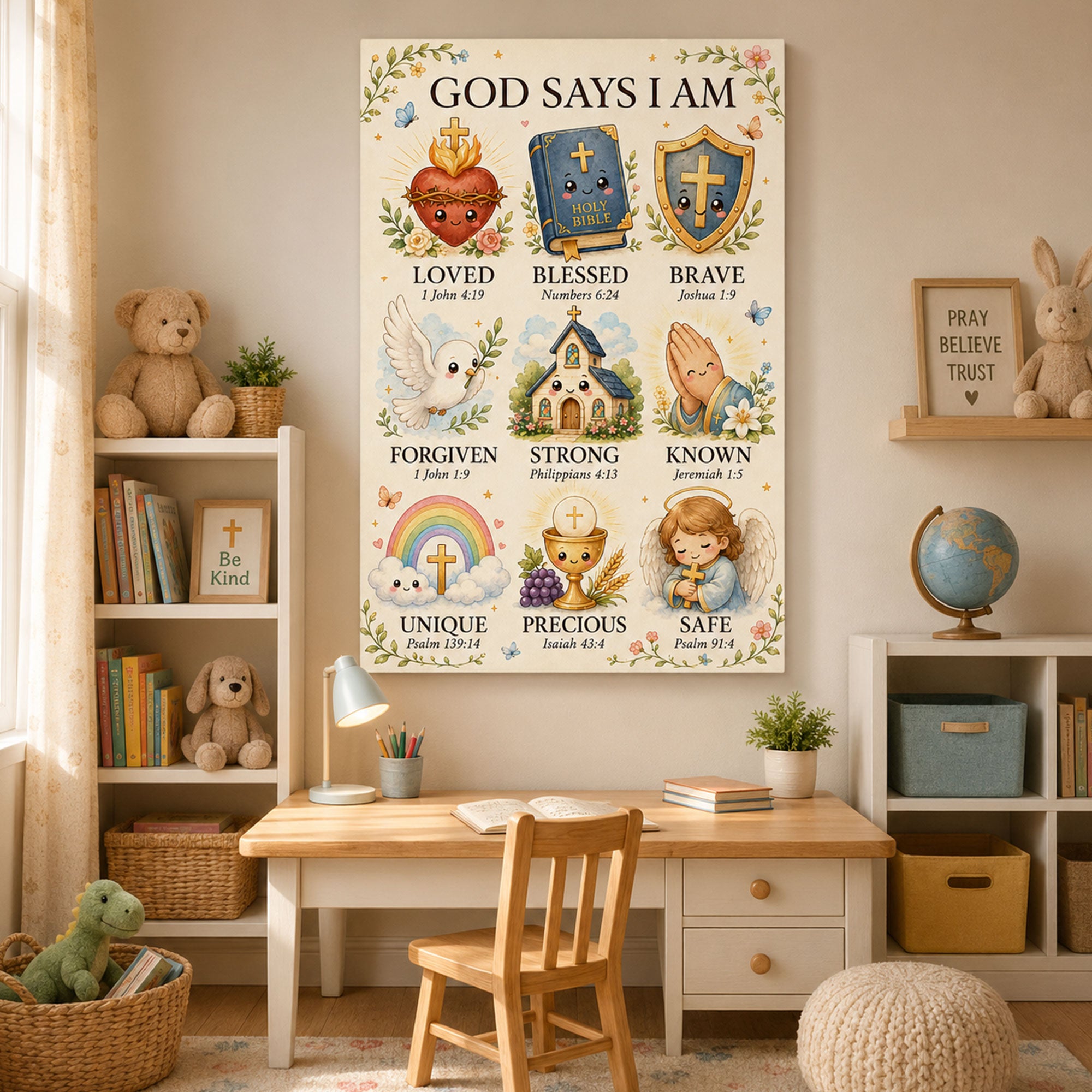 God Says I Am Christian Kids Canvas Print Catholic Affirmation Wall Art Bible Verse Nursery Decor