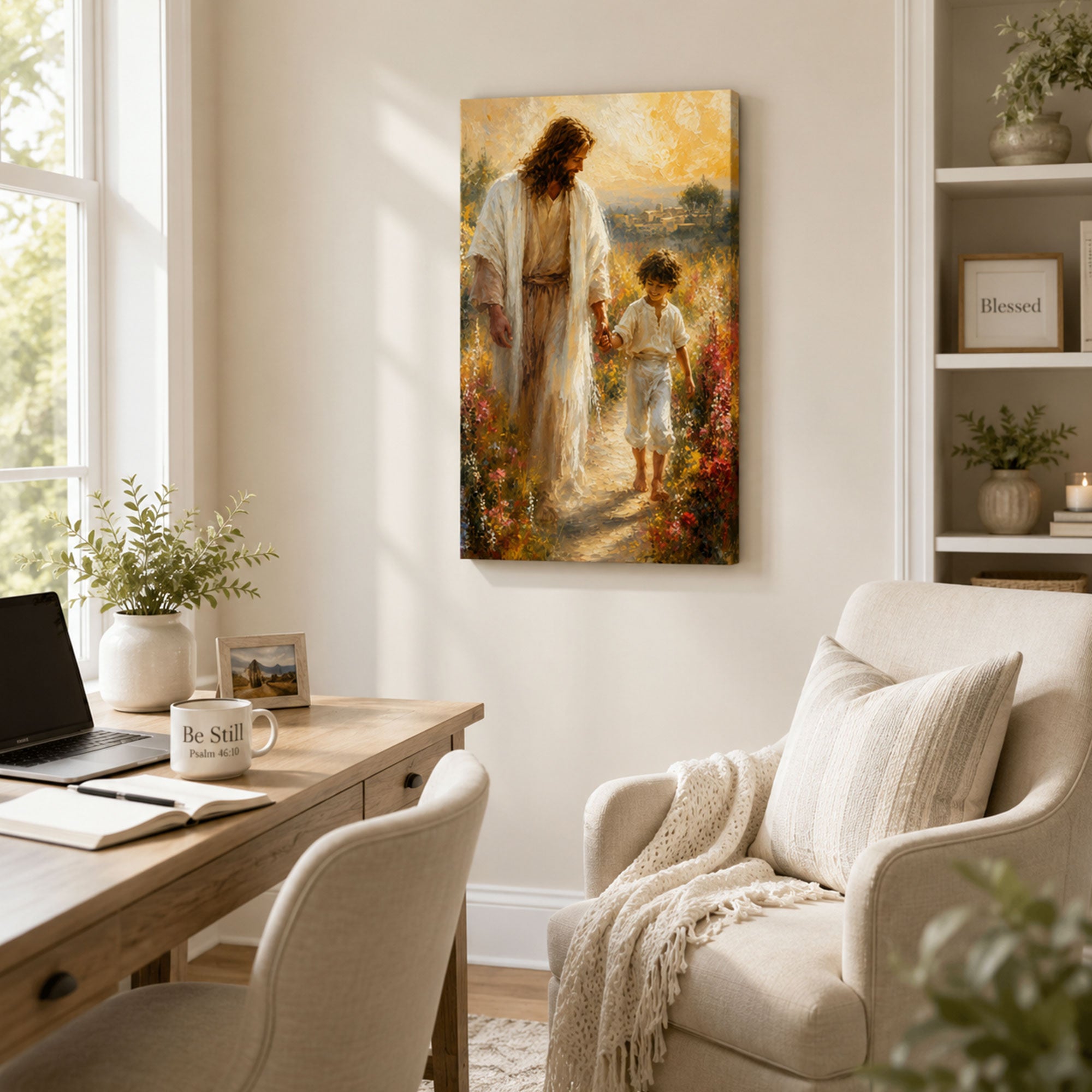 Jesus Walking with a Child Canvas Print, Peaceful Christian Home Decor