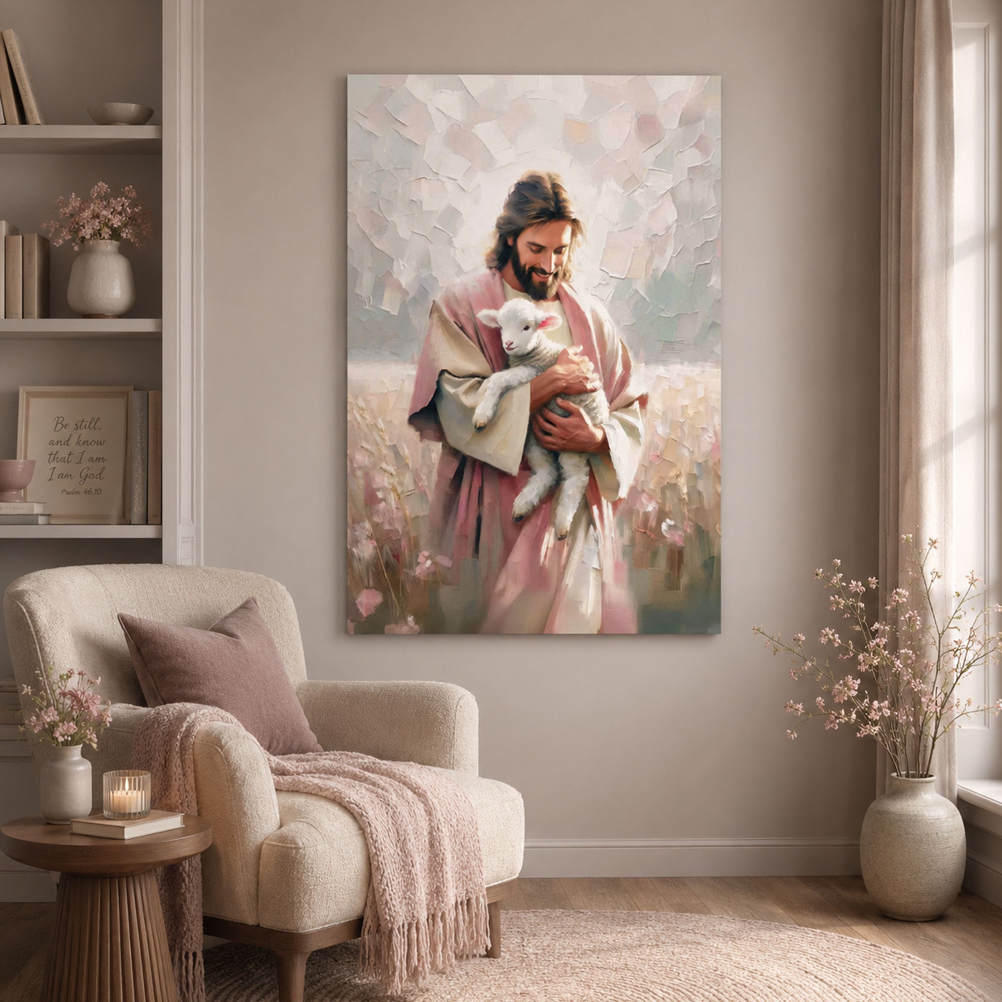 Jesus Embracing Lamb Canvas Print, Pink Christian Wall Art, Good Shepherd Faith Decor, Spiritual Religious Artwork