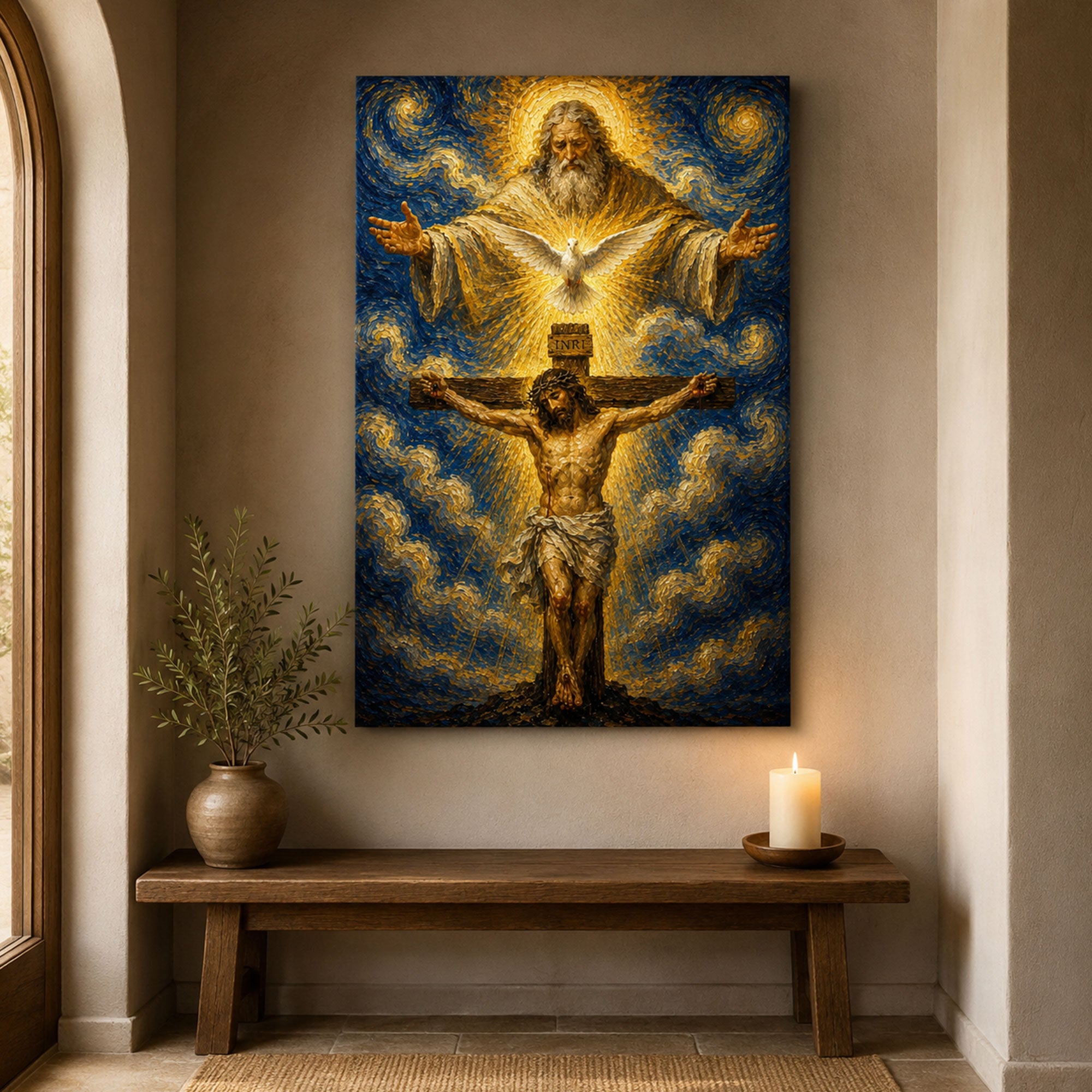 Holy Trinity Crucifixion Canvas Print, God the Father Jesus Cross Holy Spirit Catholic Wall Art
