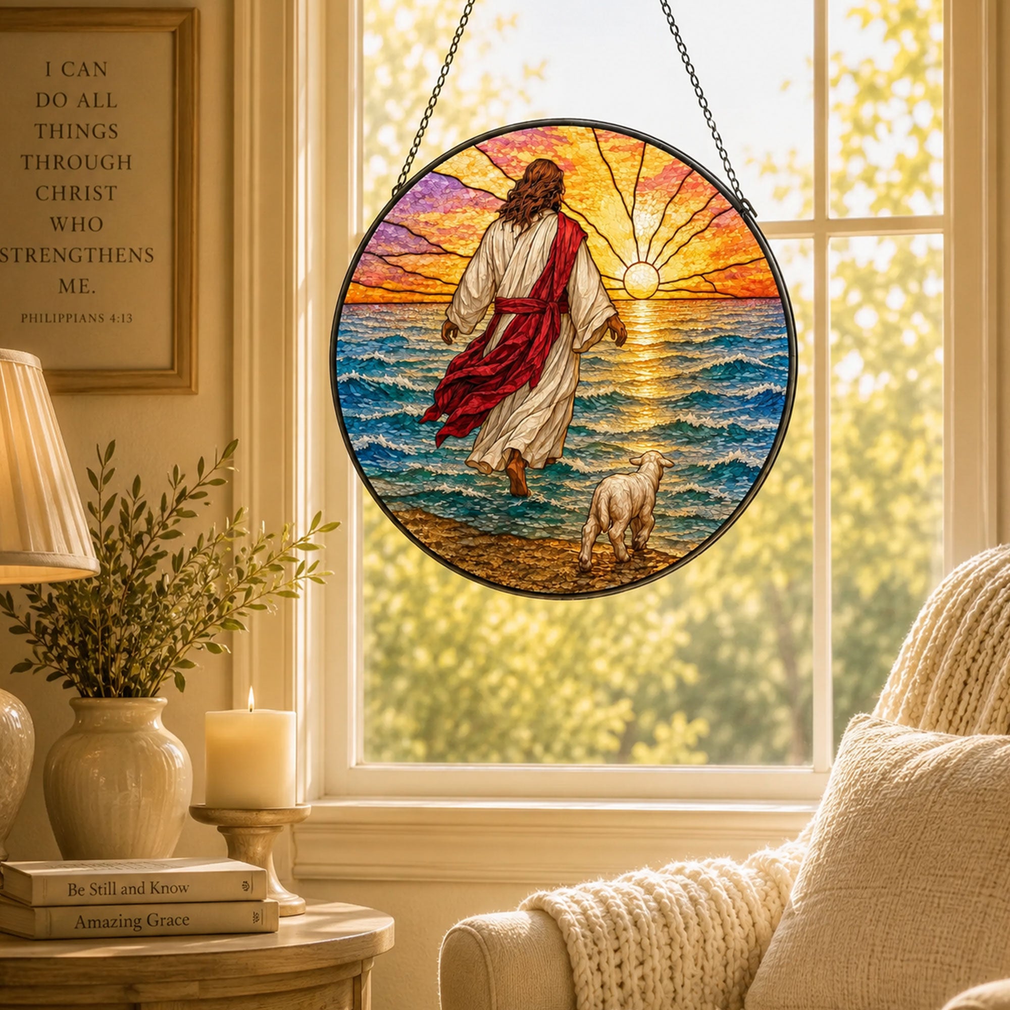 Follow Jesus Suncatcher, Christ Walking on Water with Lamb, Christian Faith Window Decor