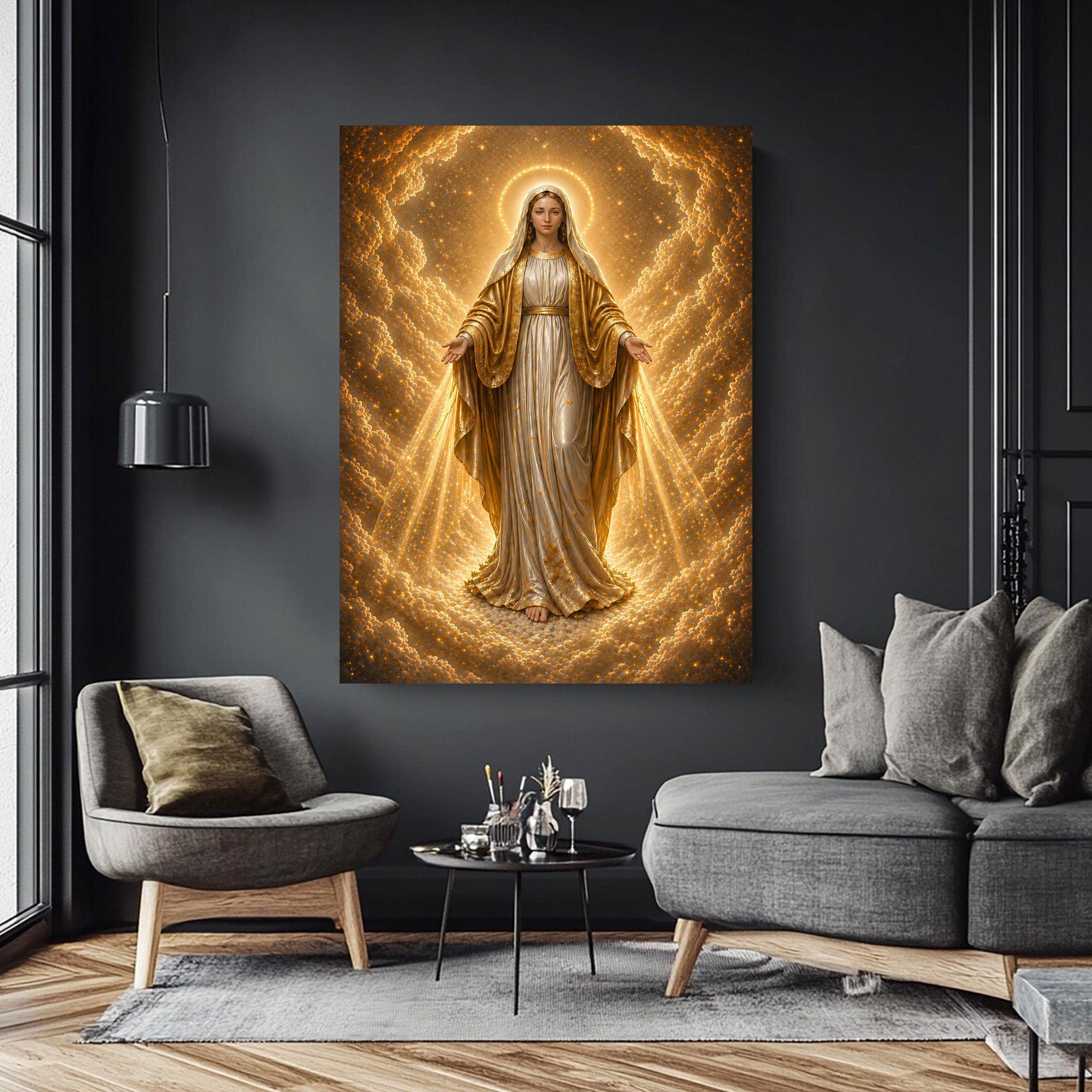 Our Lady of Heavenly Light Canvas Print, Radiant Virgin Mary Wall Art, Catholic Divine Grace Decor, Golden Sacred Artwork