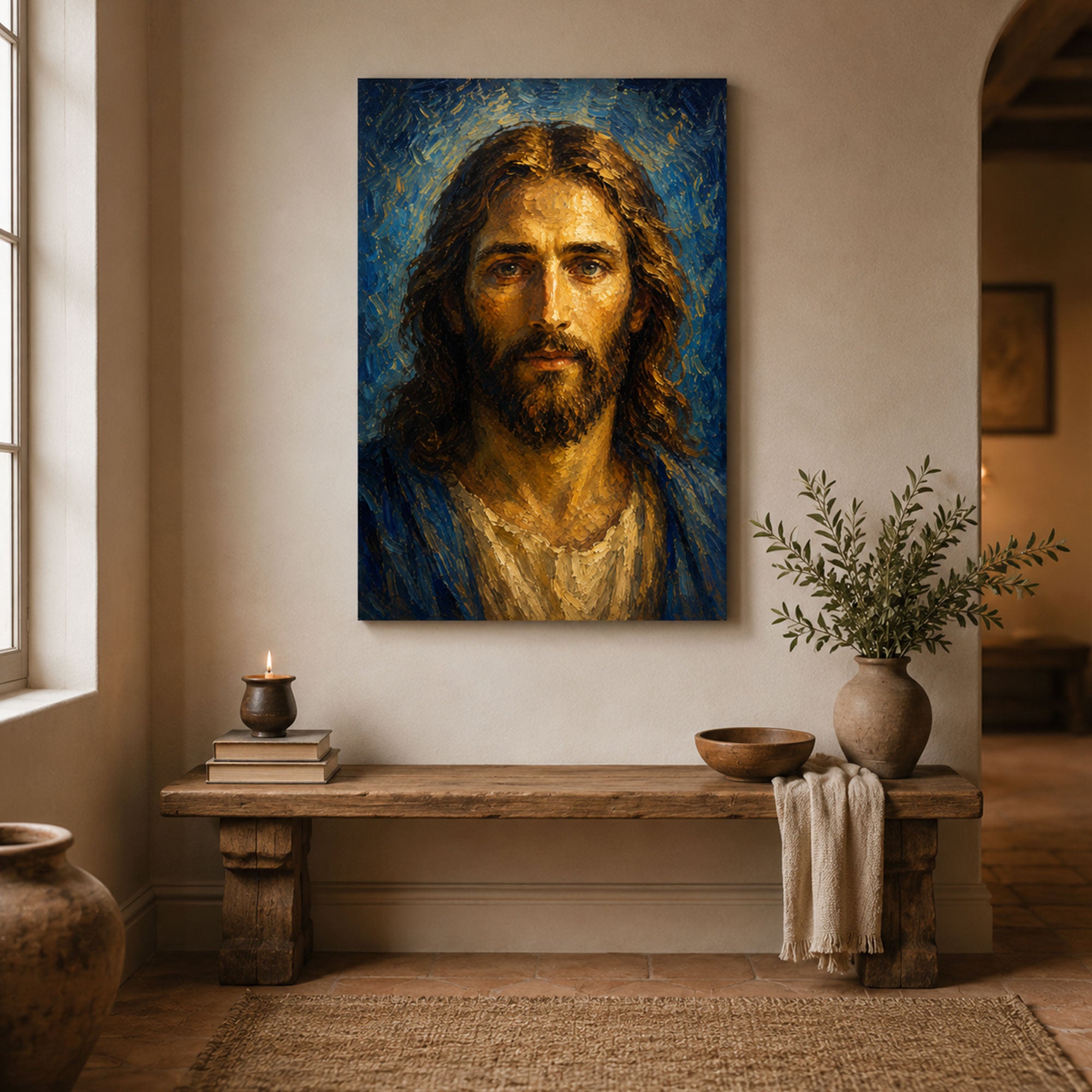 Jesus Christ Portrait Canvas Print, Blue Golden Christian Wall Art, Sacred Faith Home Decor