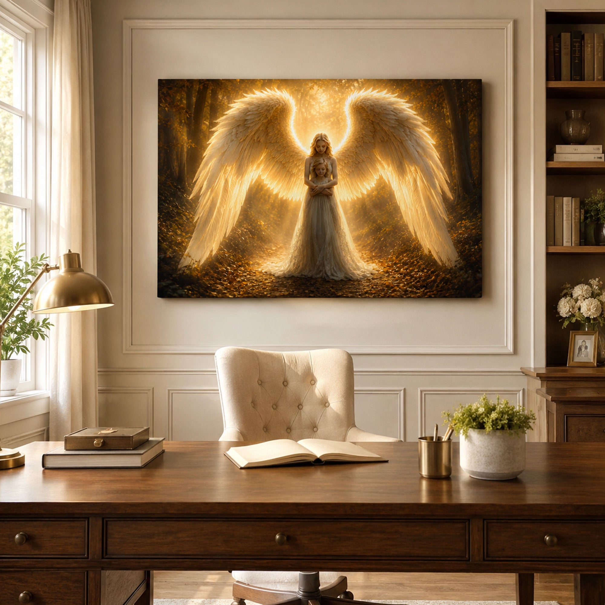 Guardian Angel with Child Canvas Print, Christian Angel Wall Art, Golden Light Faith Home Decor Gift