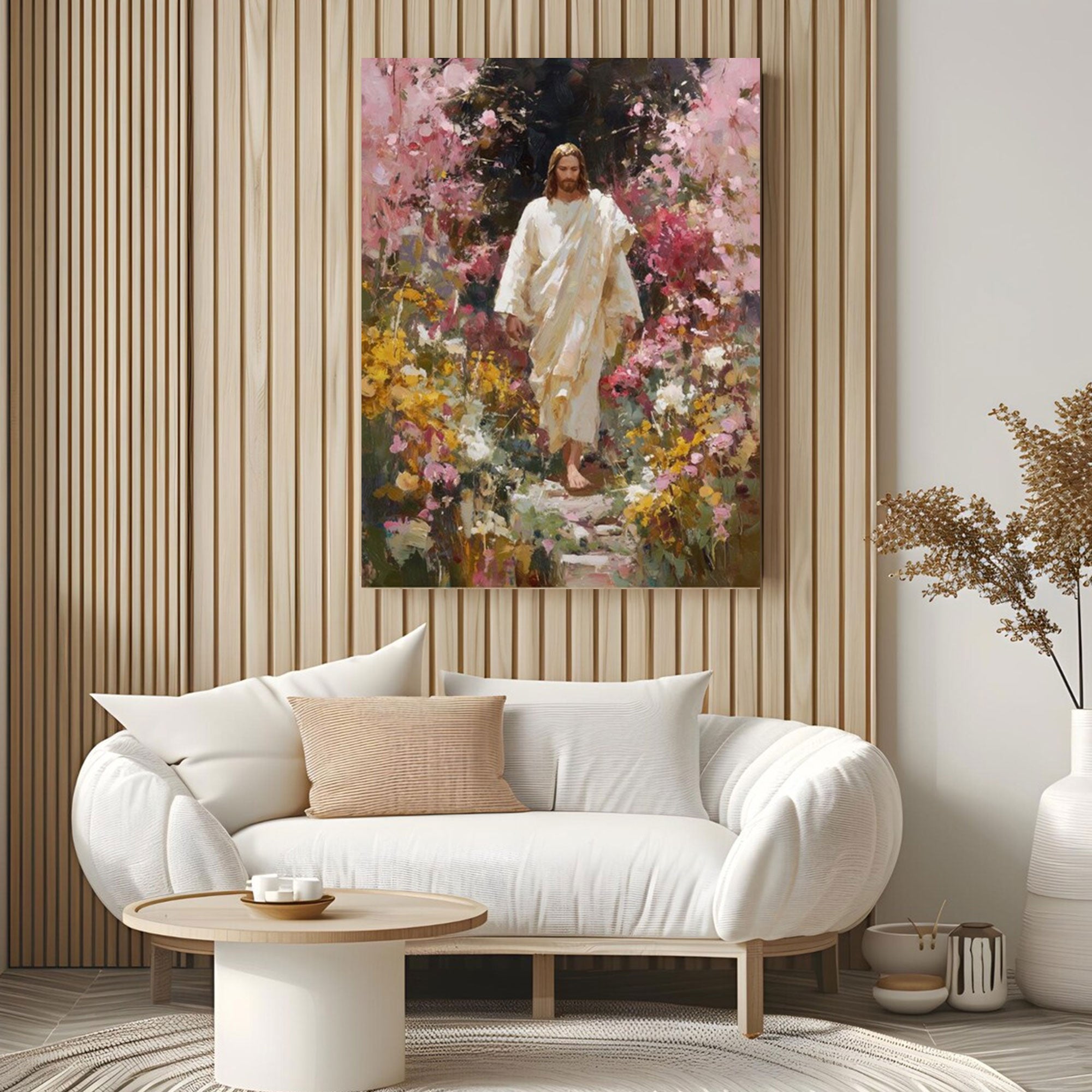 Jesus with Flowers Canvas Print, Christian Wall Art, Faith Based Religious Home Decor