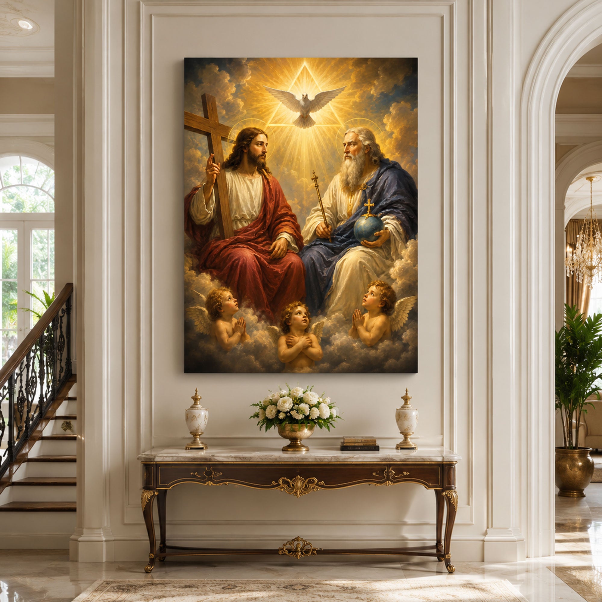 Holy Trinity Catholic Wall Art God the Father Jesus Christ and Holy Spirit Dove Canvas Print Christian Religious Home Decor Sacred Trinity