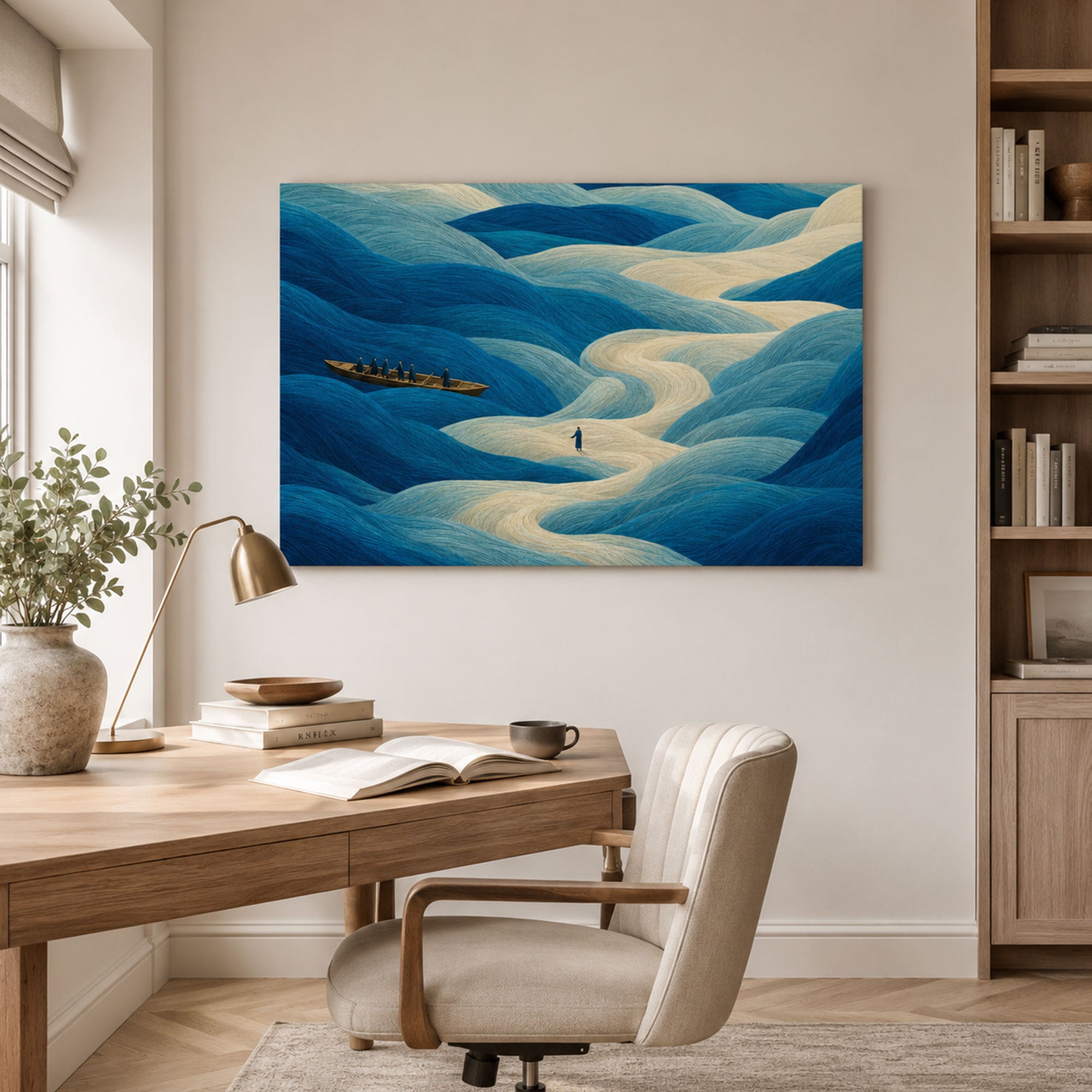 Jesus Walking on Water Abstract Canvas Print, Blue Christian Faith Decor