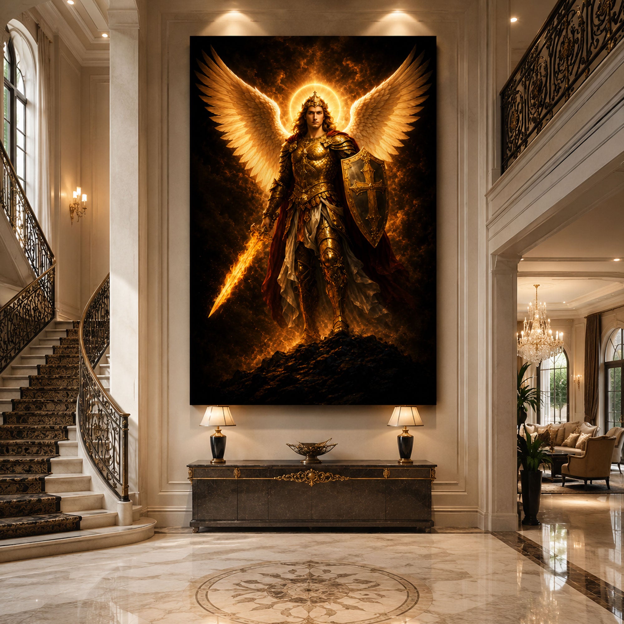 Saint Michael with Flaming Sword Canvas Print, Catholic Archangel Wall Art, Faith Home Decor Gift
