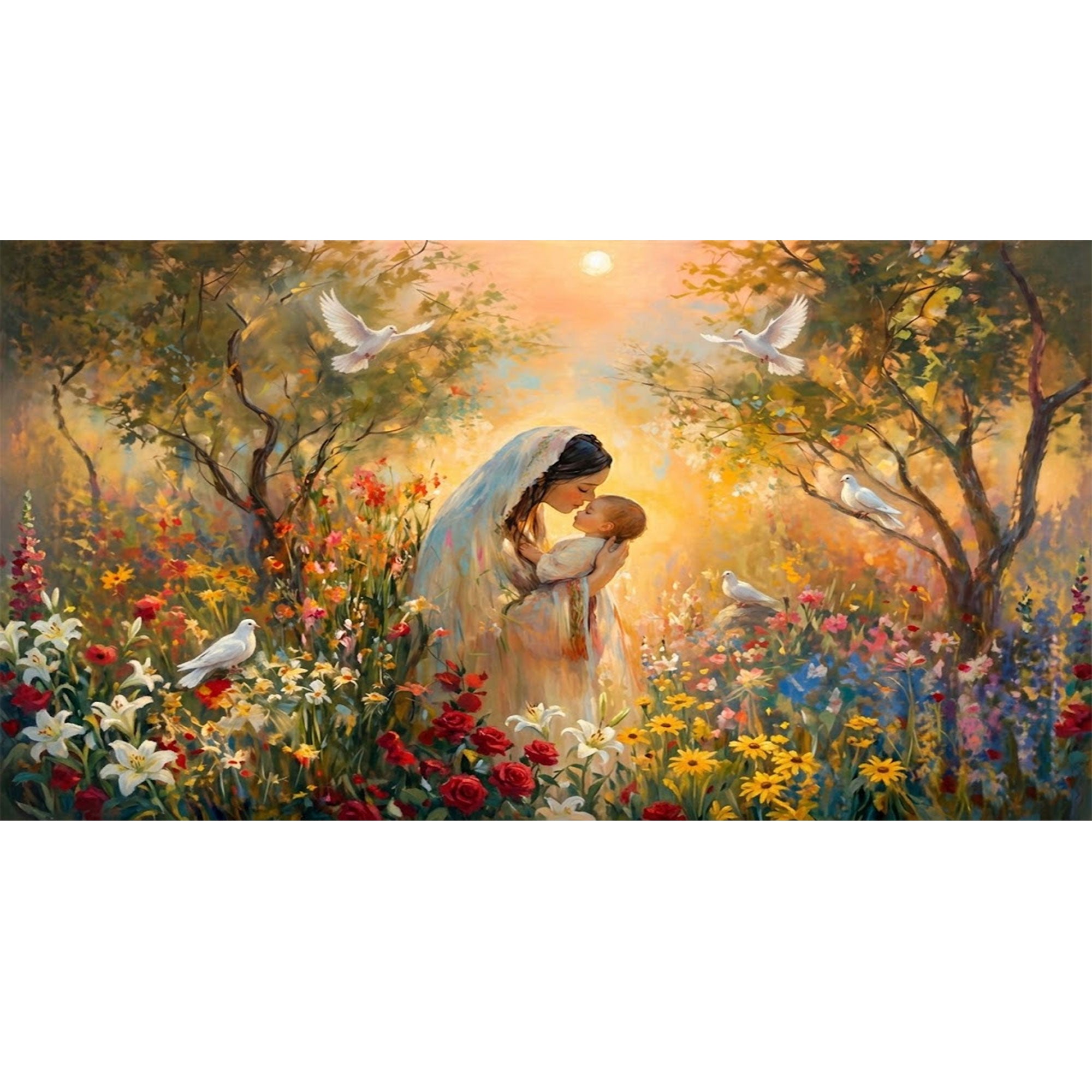 Madonna and Child in Bloom Canvas Print, Virgin Mary with Baby Jesus, A Tender Expression of Love, Peace, and Divine Grace