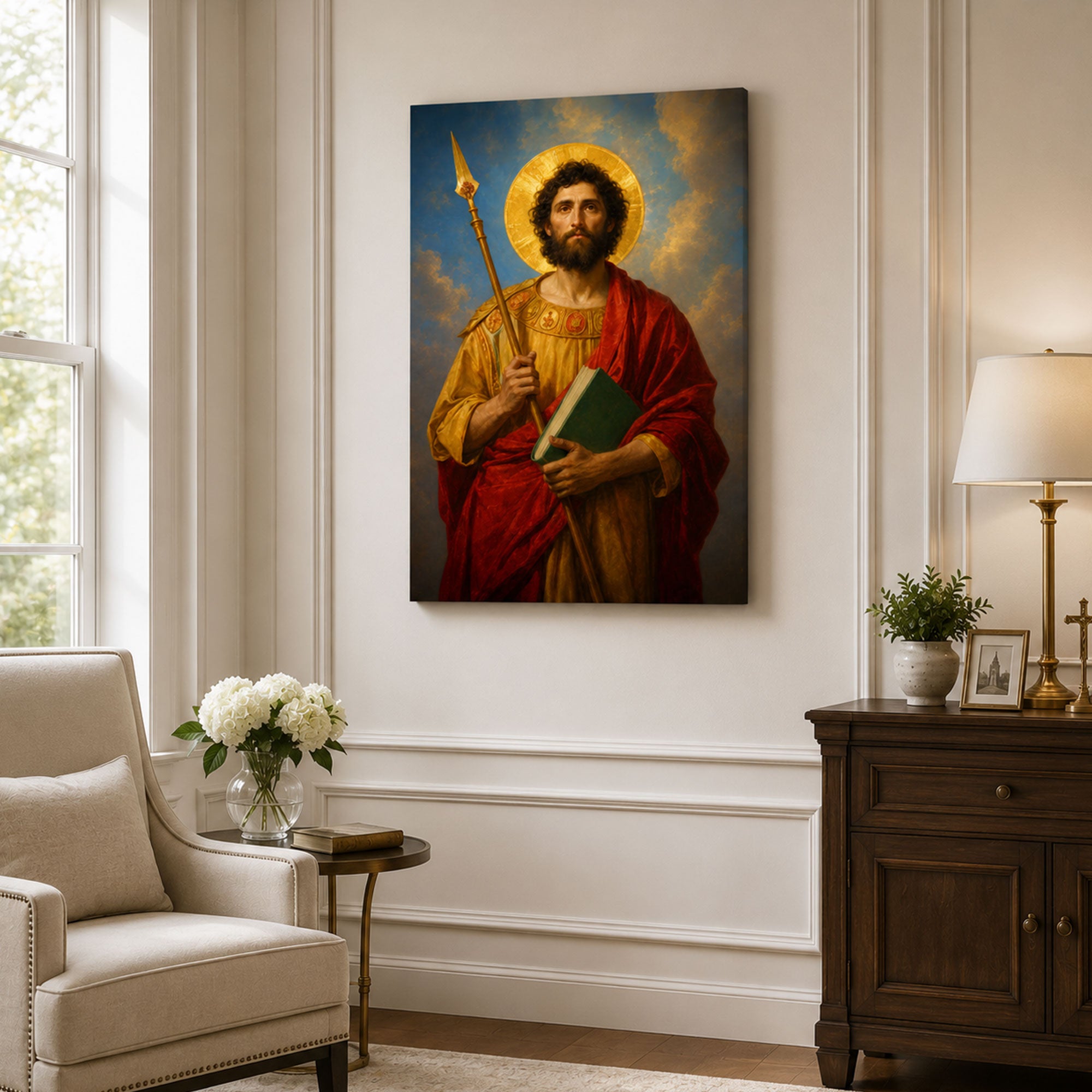 Saint Thomas with Spear and Scripture Canvas Print, Catholic Apostle Decor