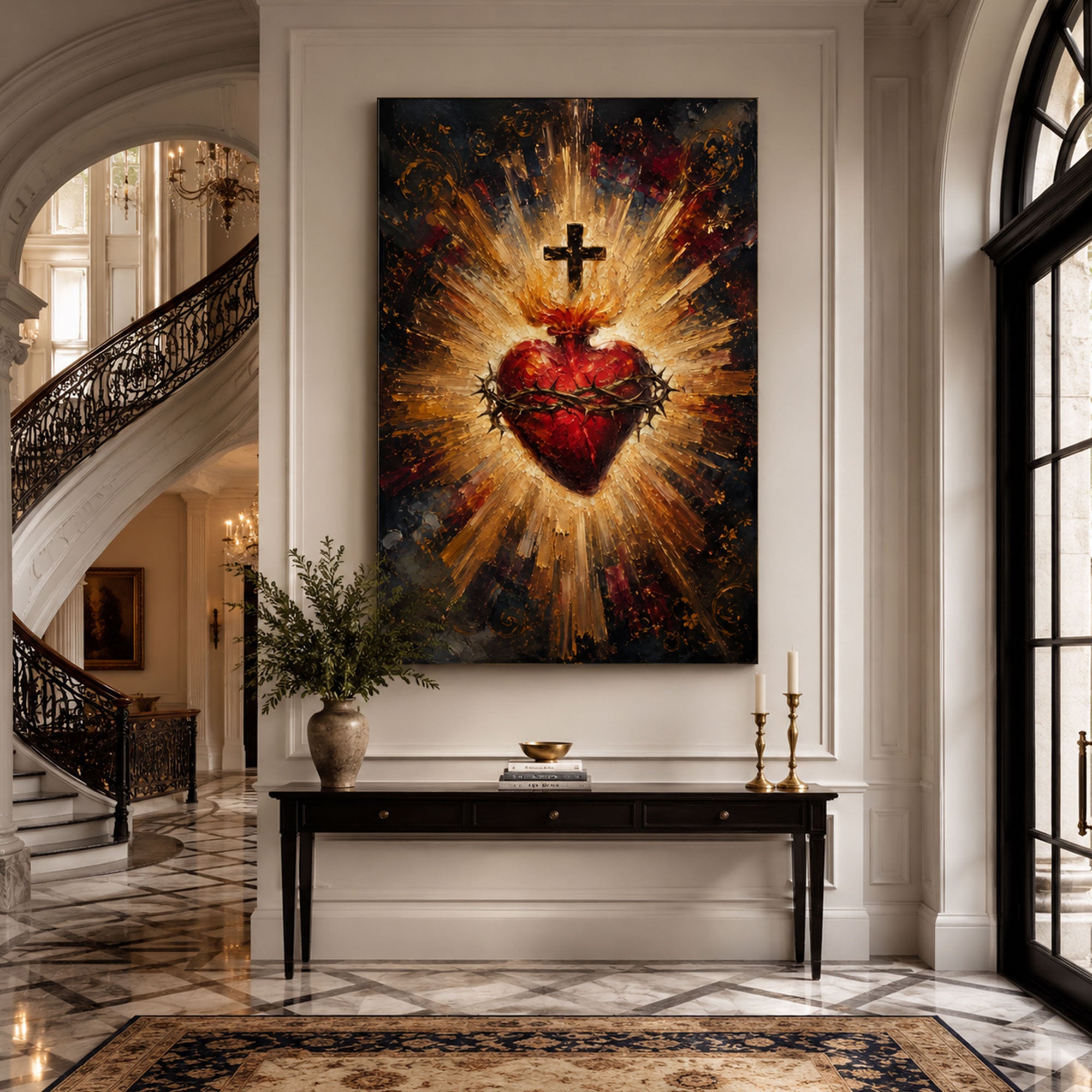 Sacred Heart of Jesus Canvas Print, Catholic Christian Wall Art, Flaming Heart with Crown of Thorns, Religious Home Decor Gift