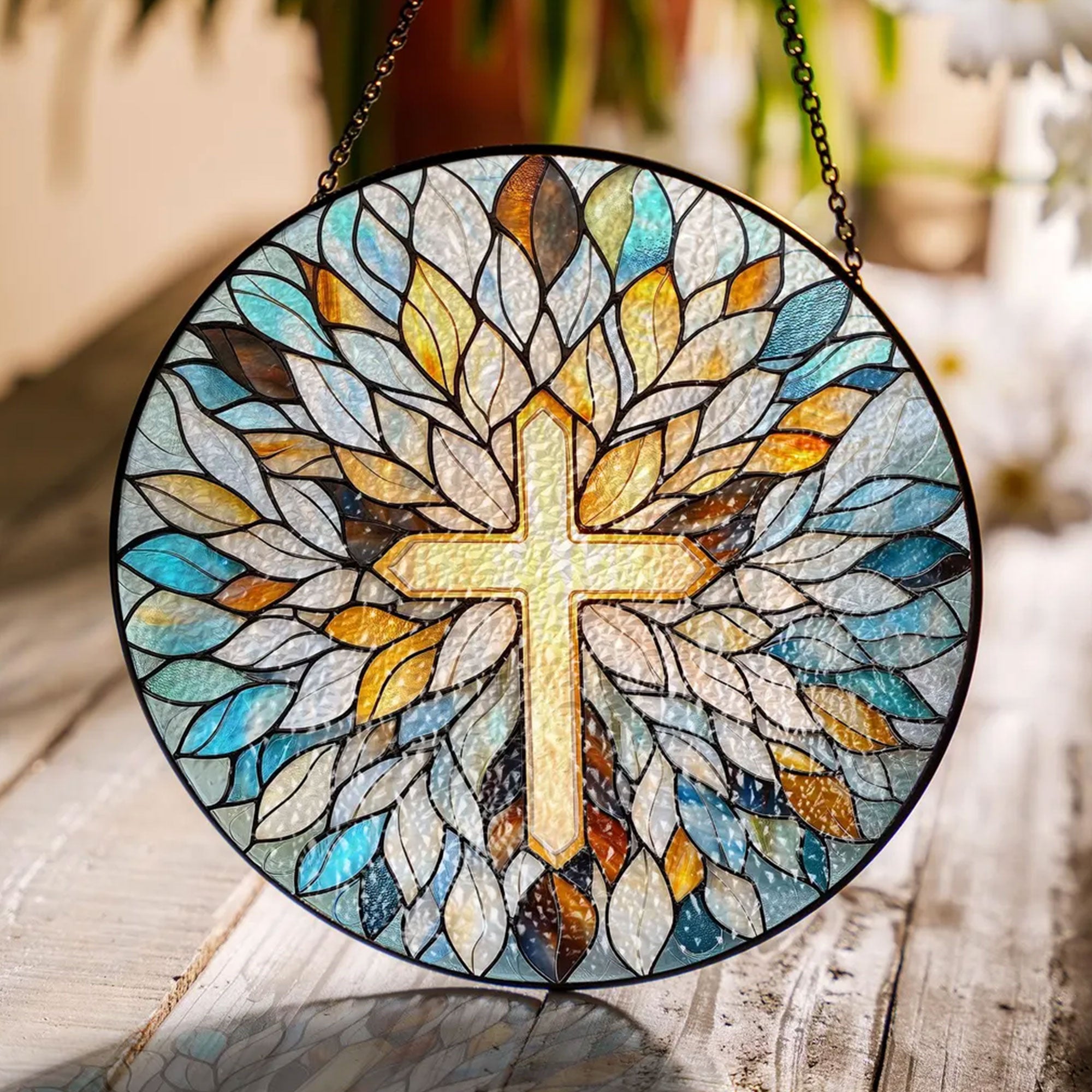 Stained Glass Cross Suncatcher, Spiritual Christian Window Decor, Faith-Based Home Accent Gift