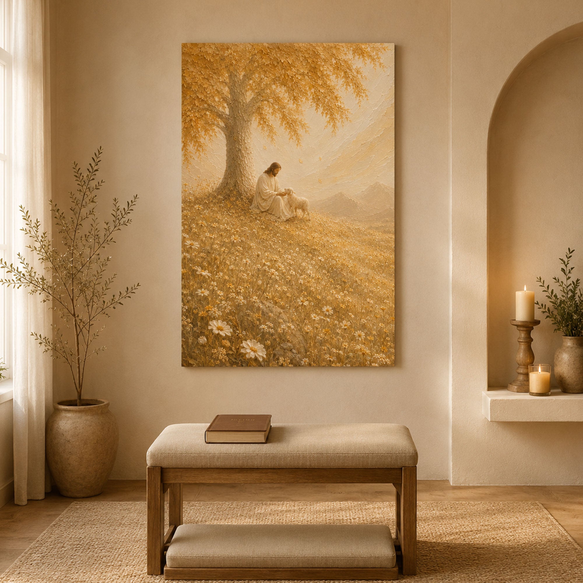 Good Shepherd Jesus with Lamb Canvas Print, Golden Meadow Christian Wall Art, Peaceful Faith Home Decor