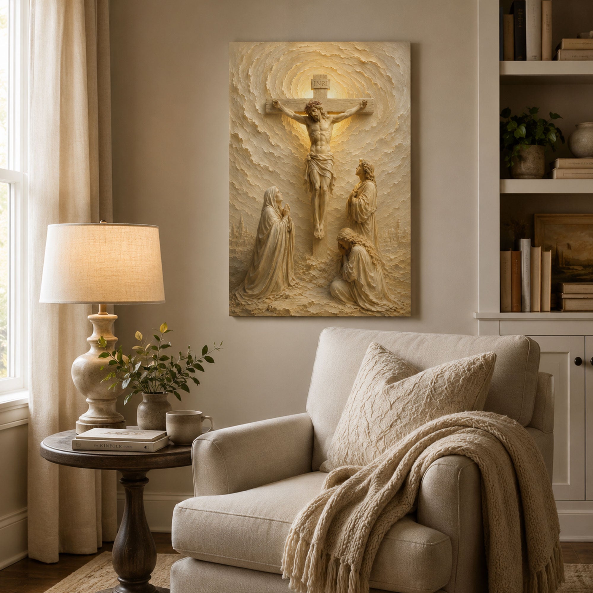 Crucifixion of Jesus Canvas Print, White Gold Catholic Wall Art, Passion of Christ Home Decor Gift