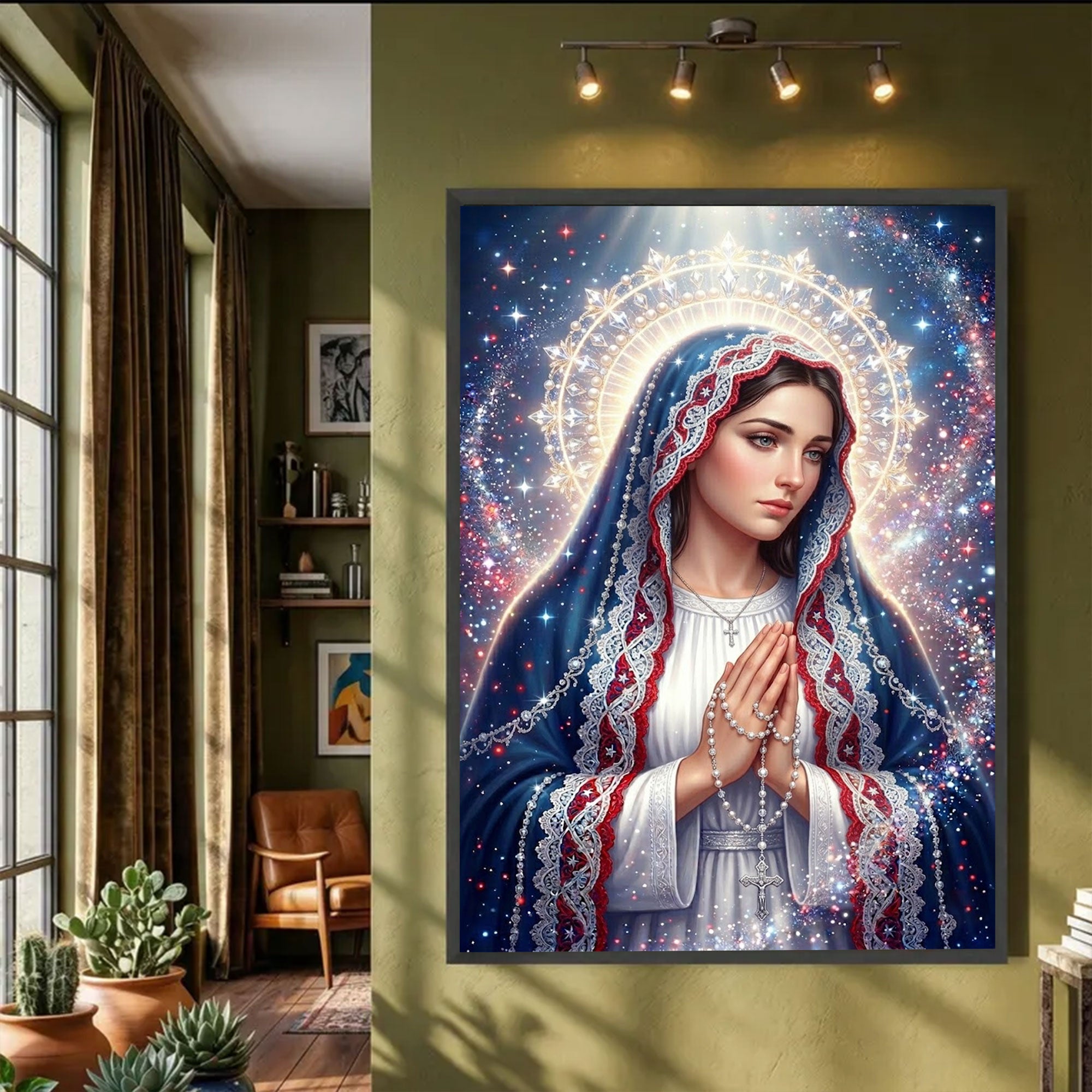 Praying Virgin Mary Canvas Print, Rosary Madonna Wall Art, Starry Sky Catholic Decor, Red White Blue Faith Artwork