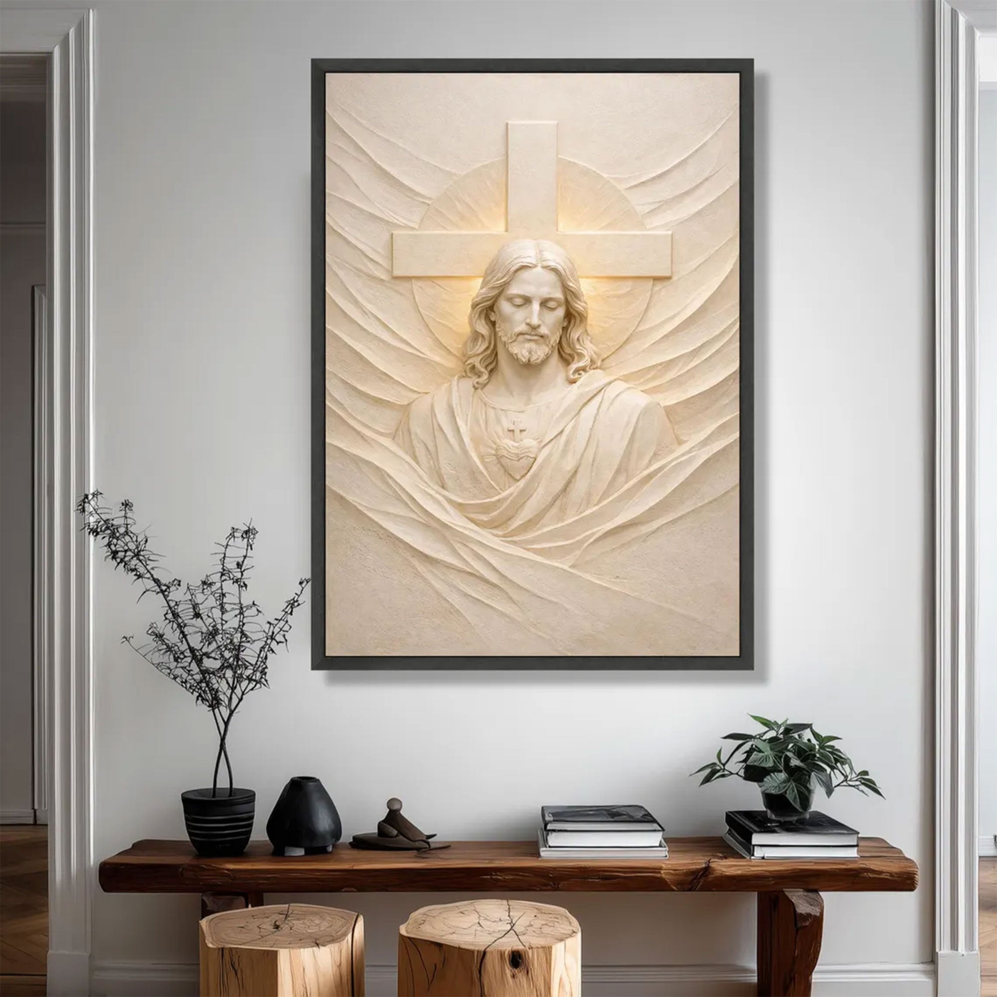 Sacred Heart of Jesus Canvas Wall Art, Christian Relief Sculpture, Catholic Religious Home Decor