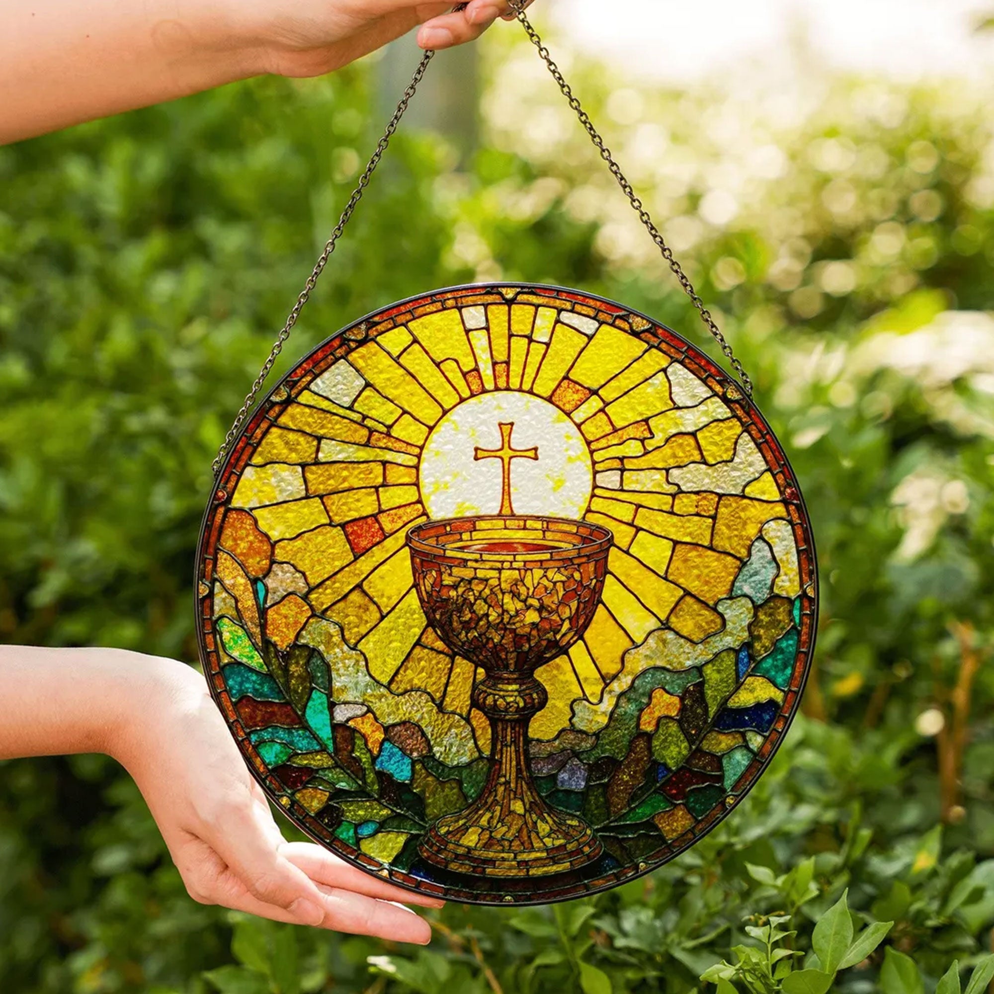 Holy Eucharist Chalice Stained Glass Suncatcher, Catholic Window Hanging Decor, First Communion Religious Gift