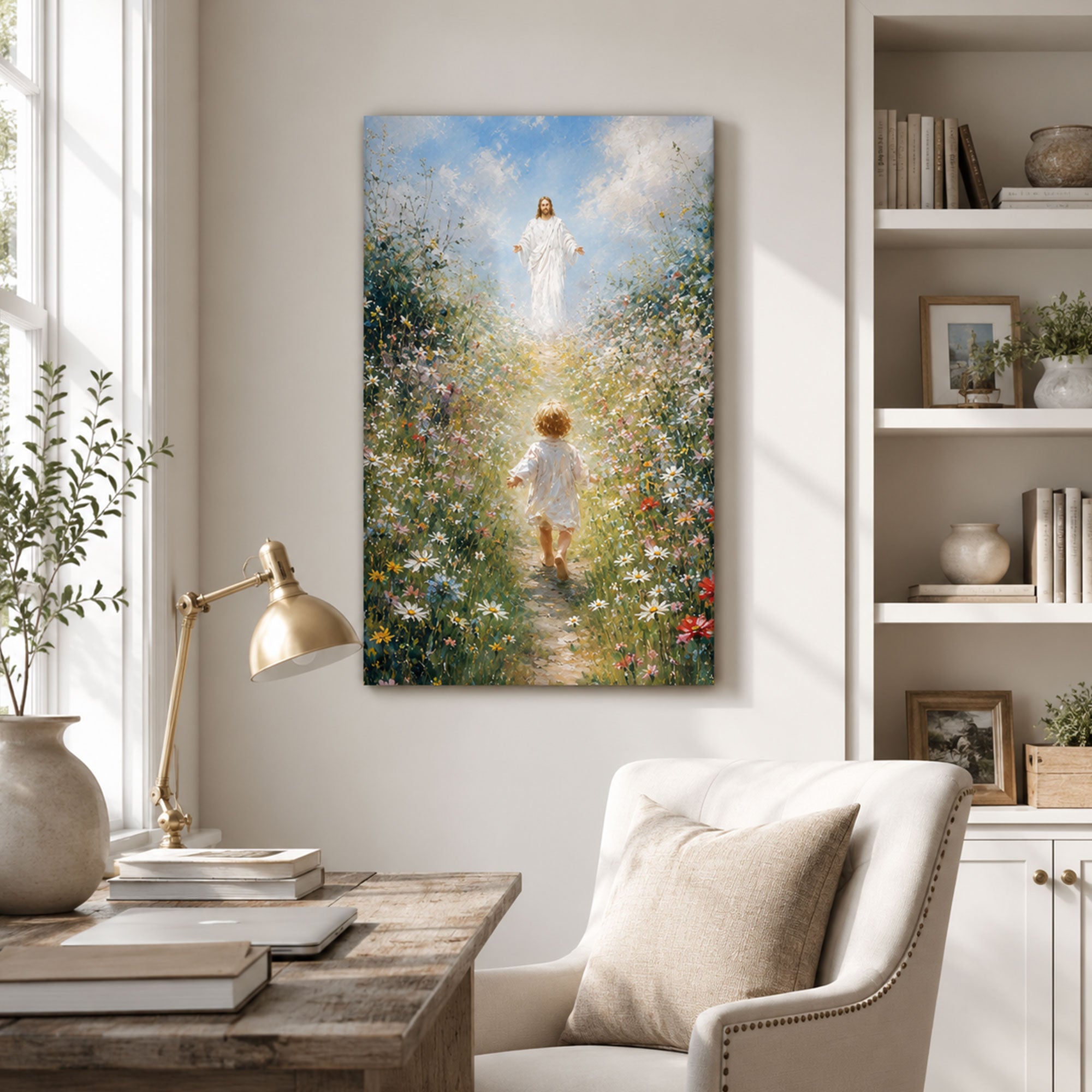 Jesus Welcoming Child Canvas Print, Christian Flower Field Wall Art, Peaceful Faith Home Decor Gift