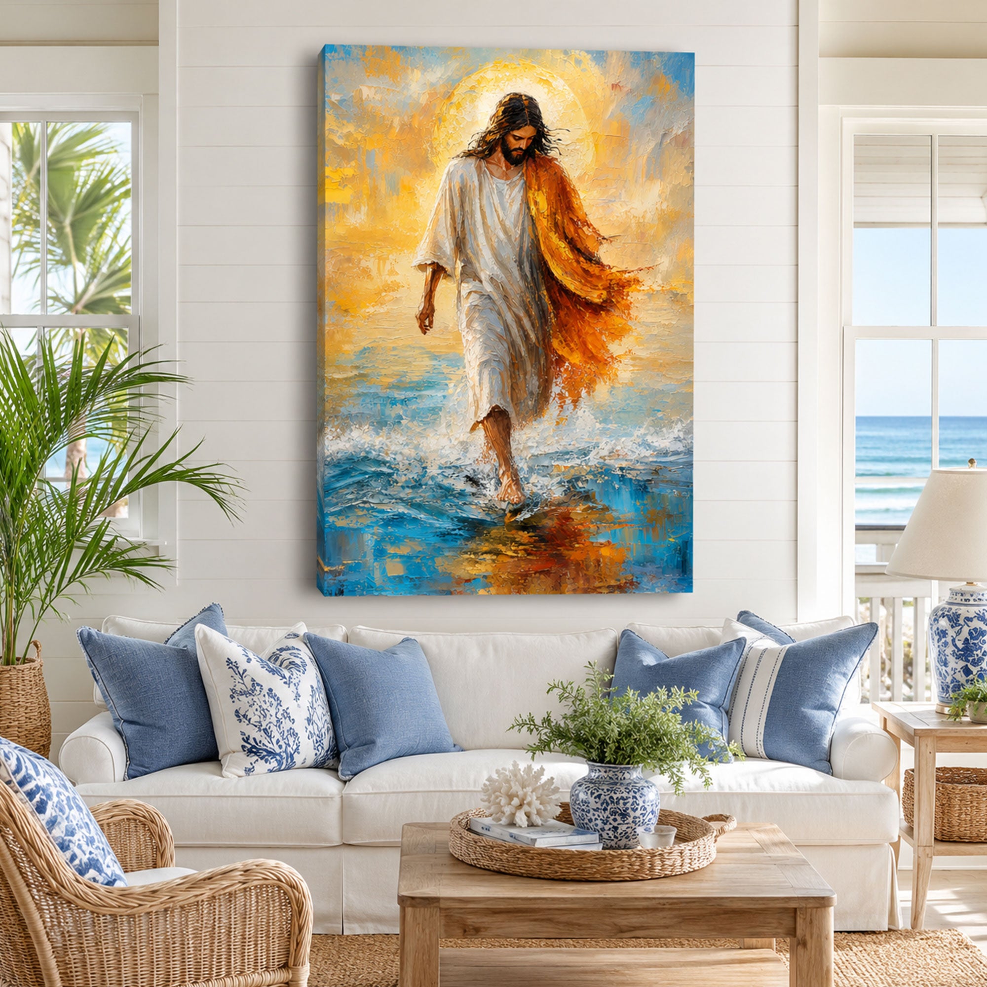 Jesus Walking on Water Canvas Print, Modern Impasto Christian Wall Art, Inspirational Faith Home Decor
