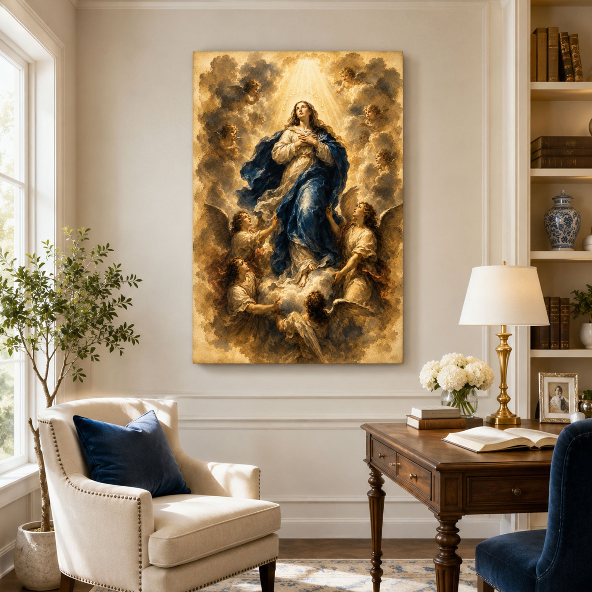 Our Lady Lifted by Angels Canvas Print, Catholic Home Decor