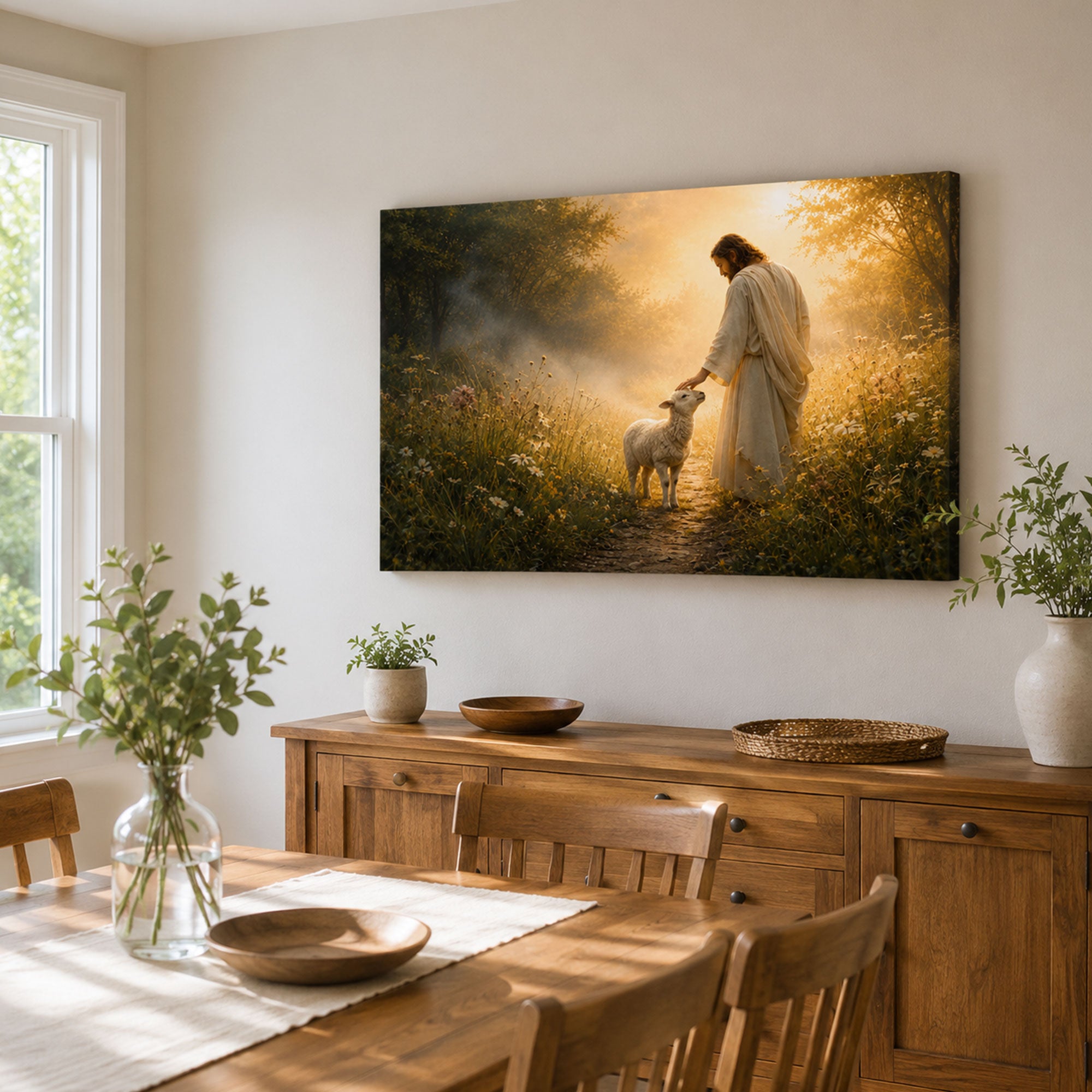 Good Shepherd with Lamb Panoramic Canvas Print, Jesus Christian Wall Art, Faith Home Decor Gift