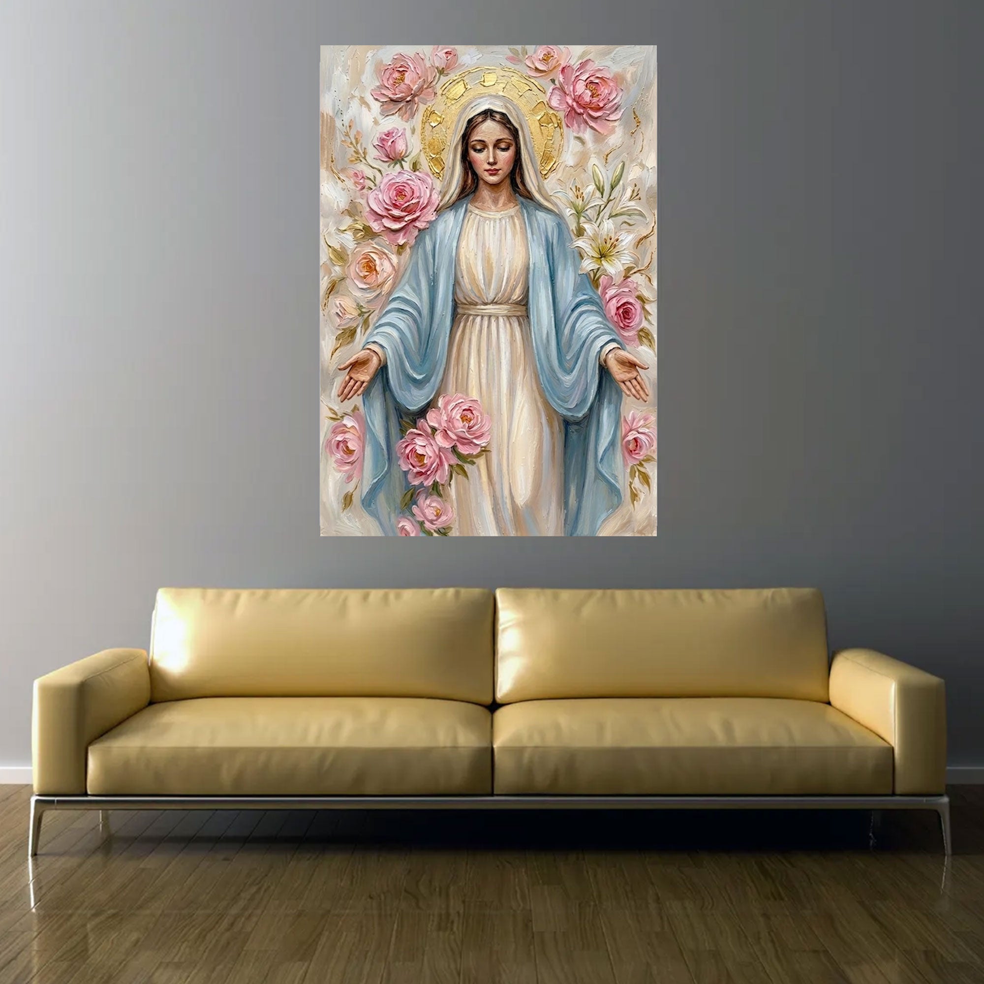 Virgin Mary of Gentle Grace Canvas Print, Soft Floral Madonna Wall Art, A Symbol of Love, Peace, and Divine Comfort