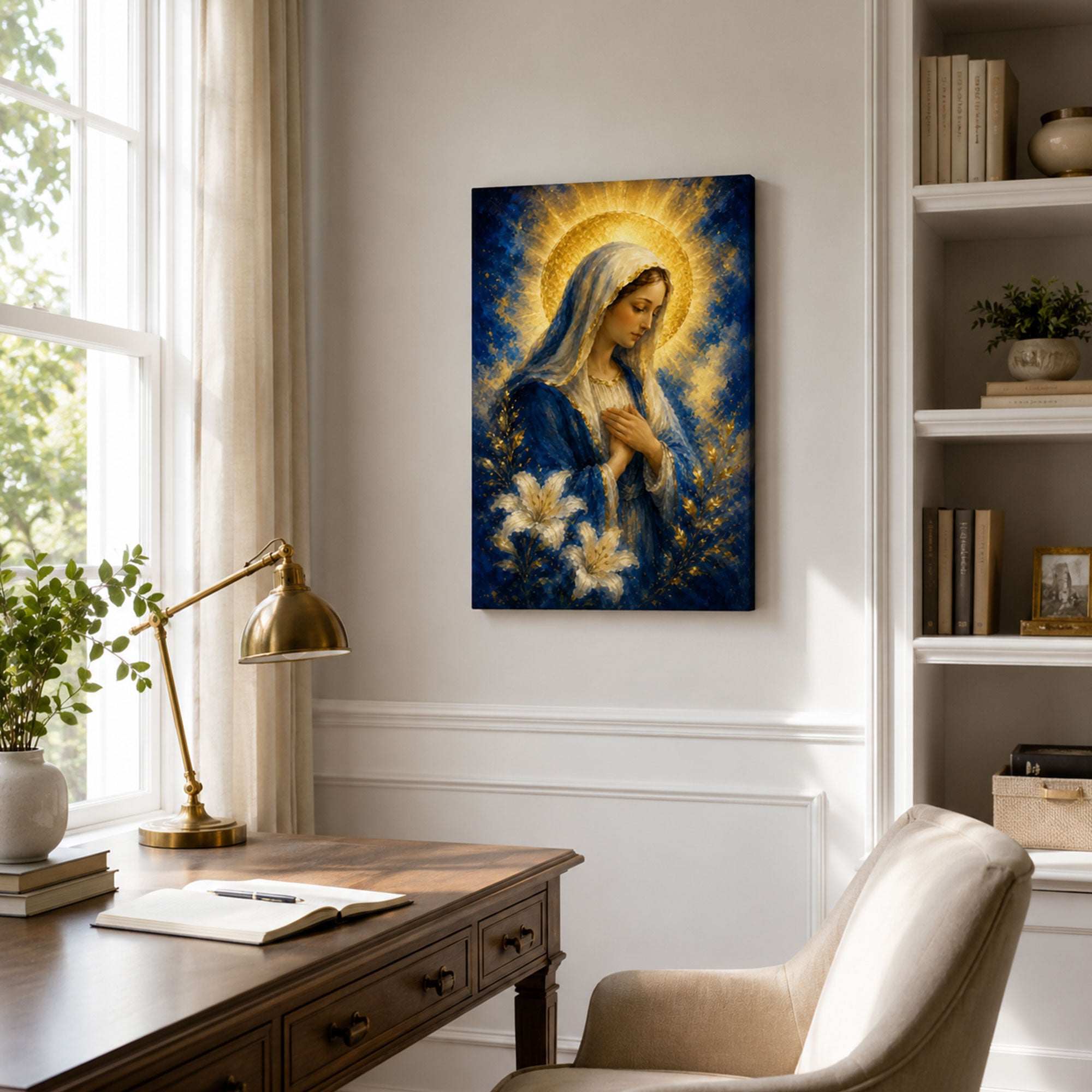 Blessed Virgin Mary with Lilies Canvas Print, Blue and Gold Catholic Marian Wall Art, Faith Home Decor Gift