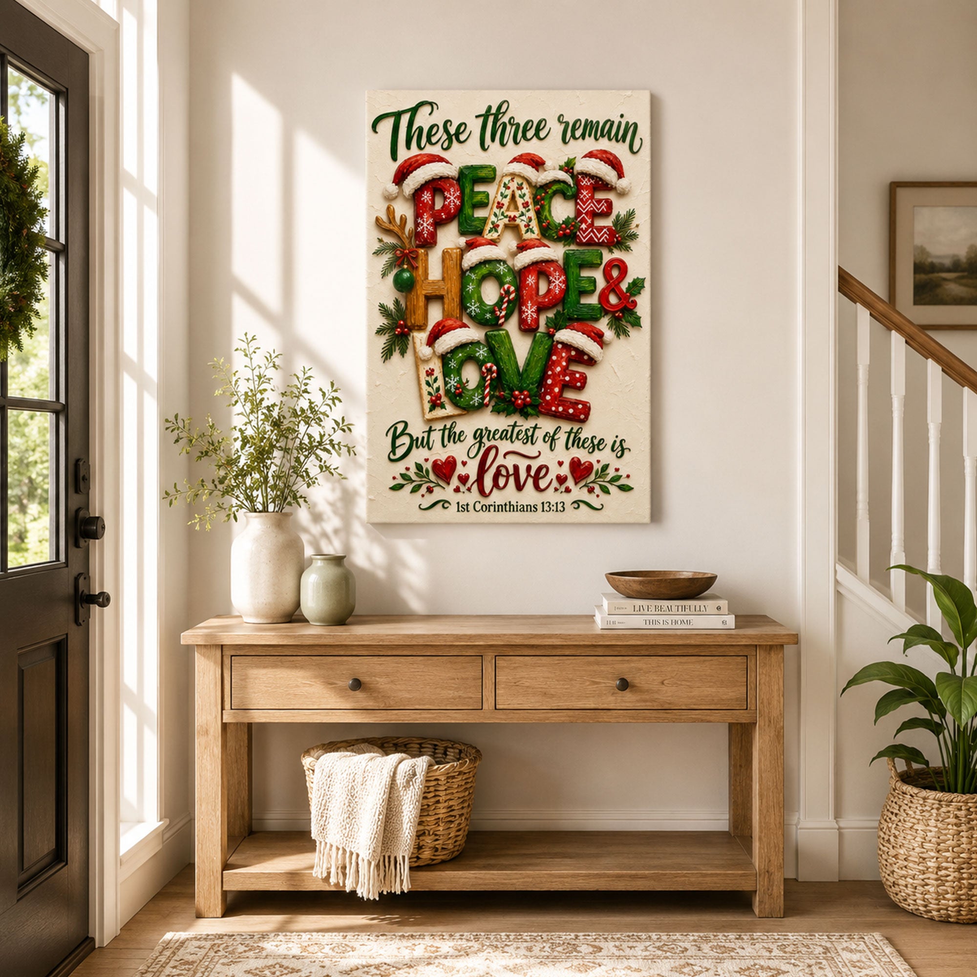 Peace Hope Love Christmas Canvas Print, 1 Corinthians 13:13 Christian Wall Decor, Faith Gift