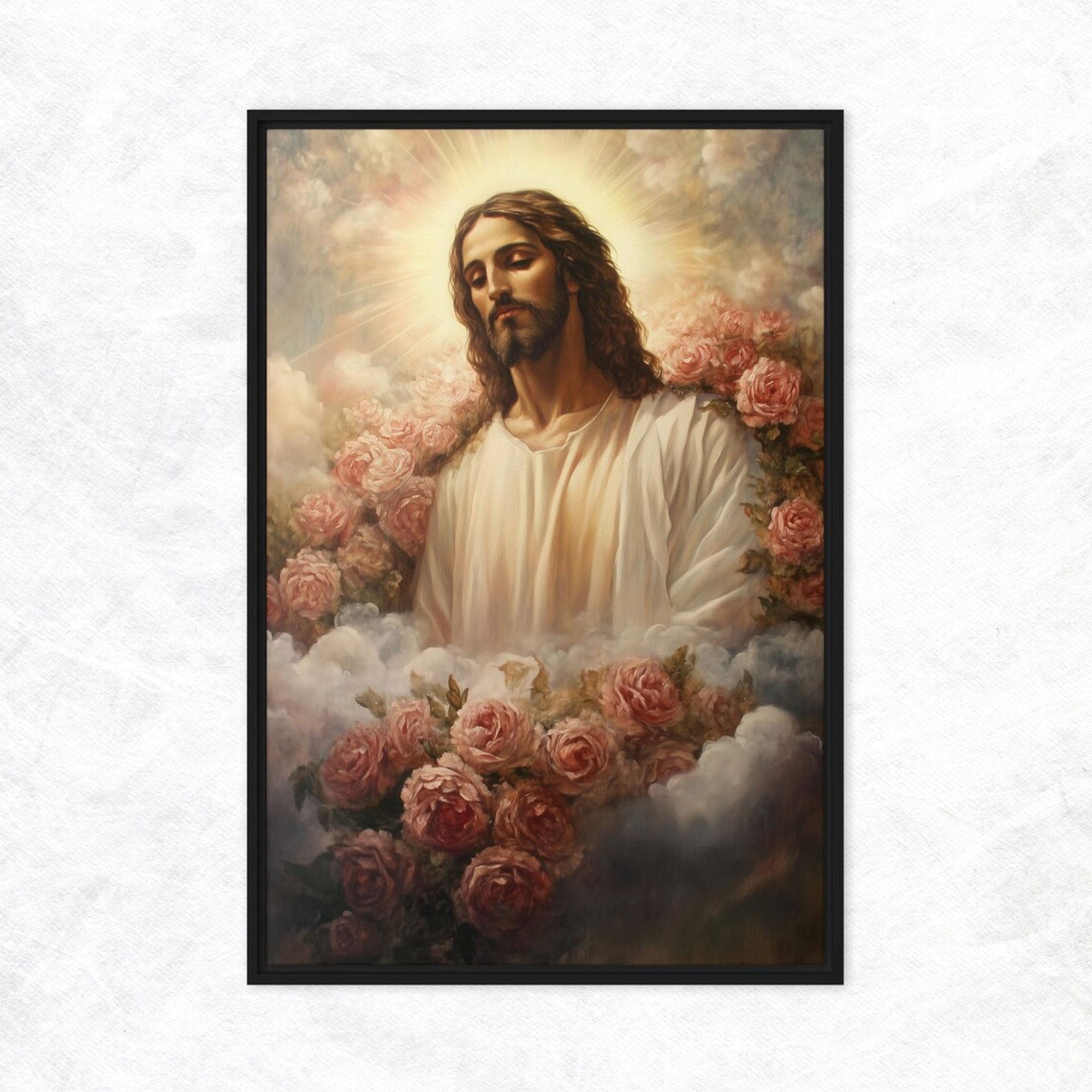 Jesus Christ in Flowers Framed Canvas Print, Religious Christian Wall Art, Peaceful Faith Home Decor