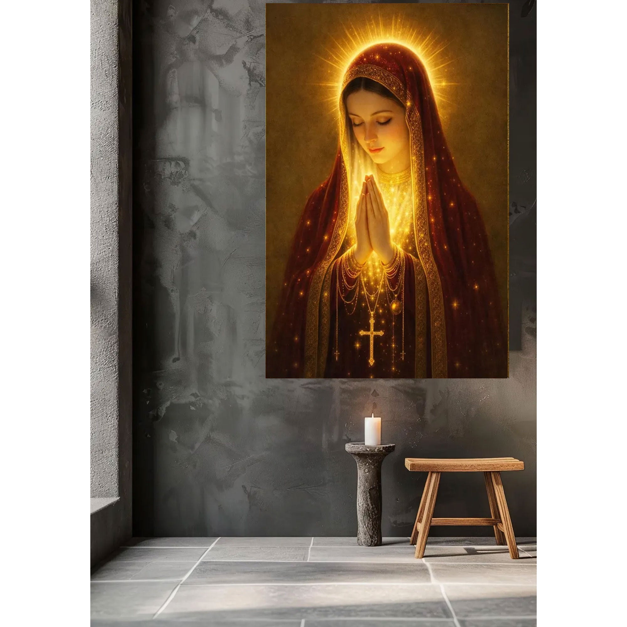 Virgin Mary Golden Halo Canvas Print, Blessed Mother Praying Wall Art, Catholic Religious Decor, Sacred Christian Home Artwork, Inspirational Faith Gift