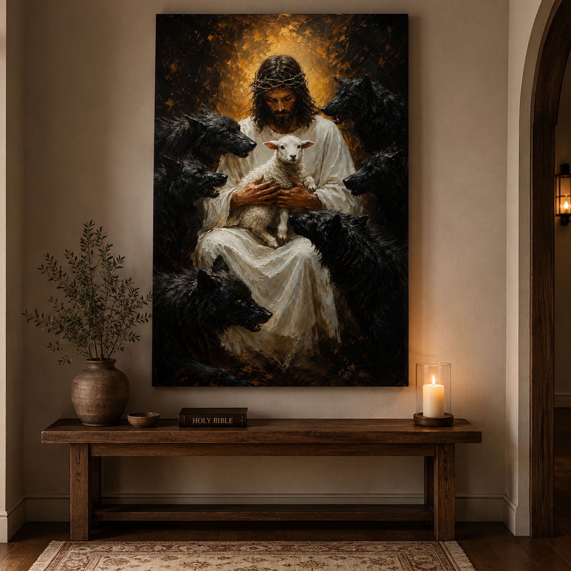 Jesus Protecting the Lamb Canvas Print, Good Shepherd with Wolves Christian Wall Art, Faith Home Decor