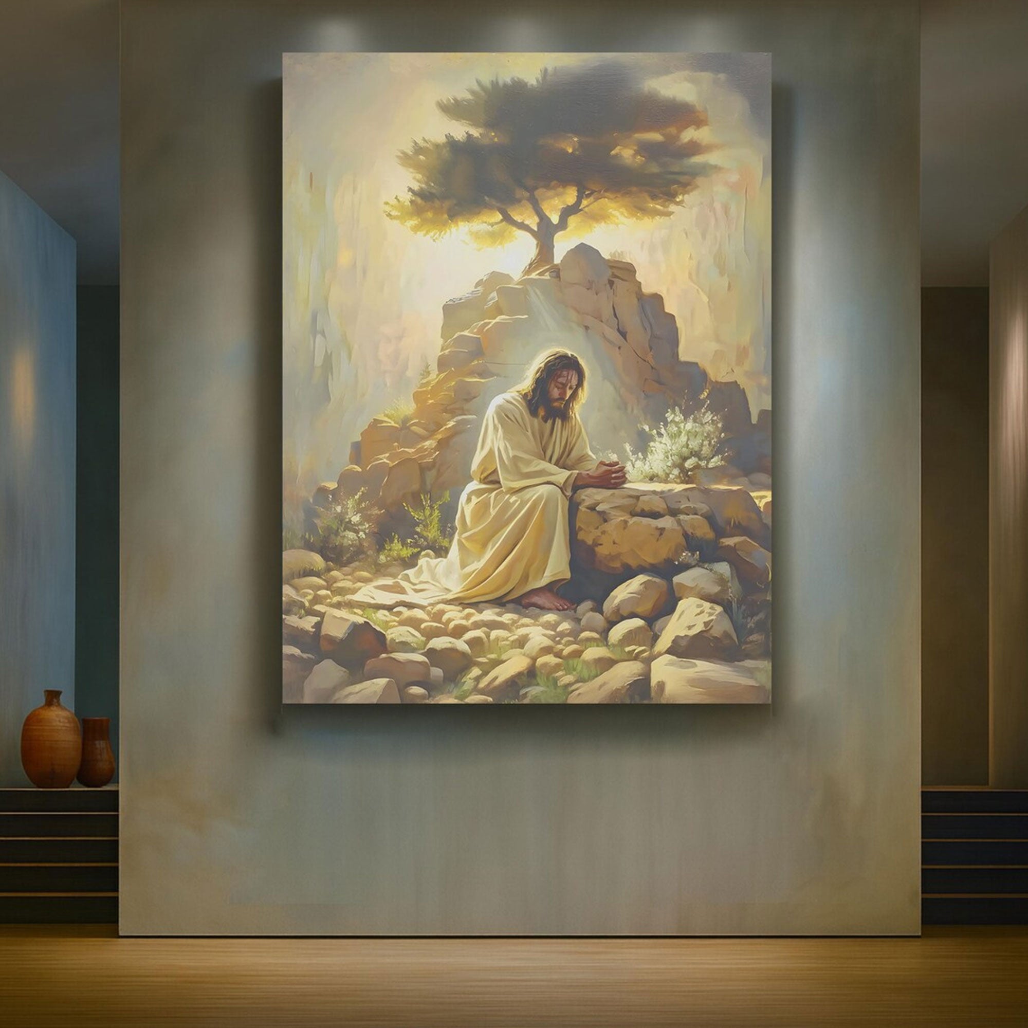 Jesus Praying in Gethsemane Canvas Wall Art, Biblical Garden Scene, Christian Religious Decor