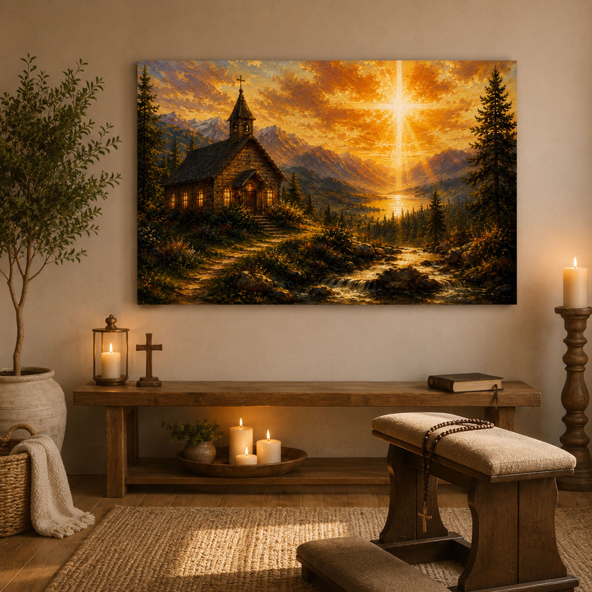Mountain Church Canvas Print, Heavenly Cross Christian Wall Art, Faith Home Decor