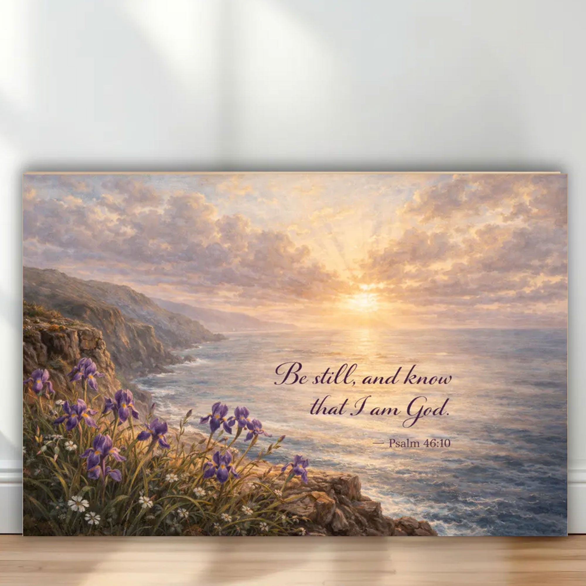 Psalm 46:10 Be Still and Know Canvas Print, Christian Ocean Cliff Wall Art, Coastal Landscape Bible Verse Decor Gift